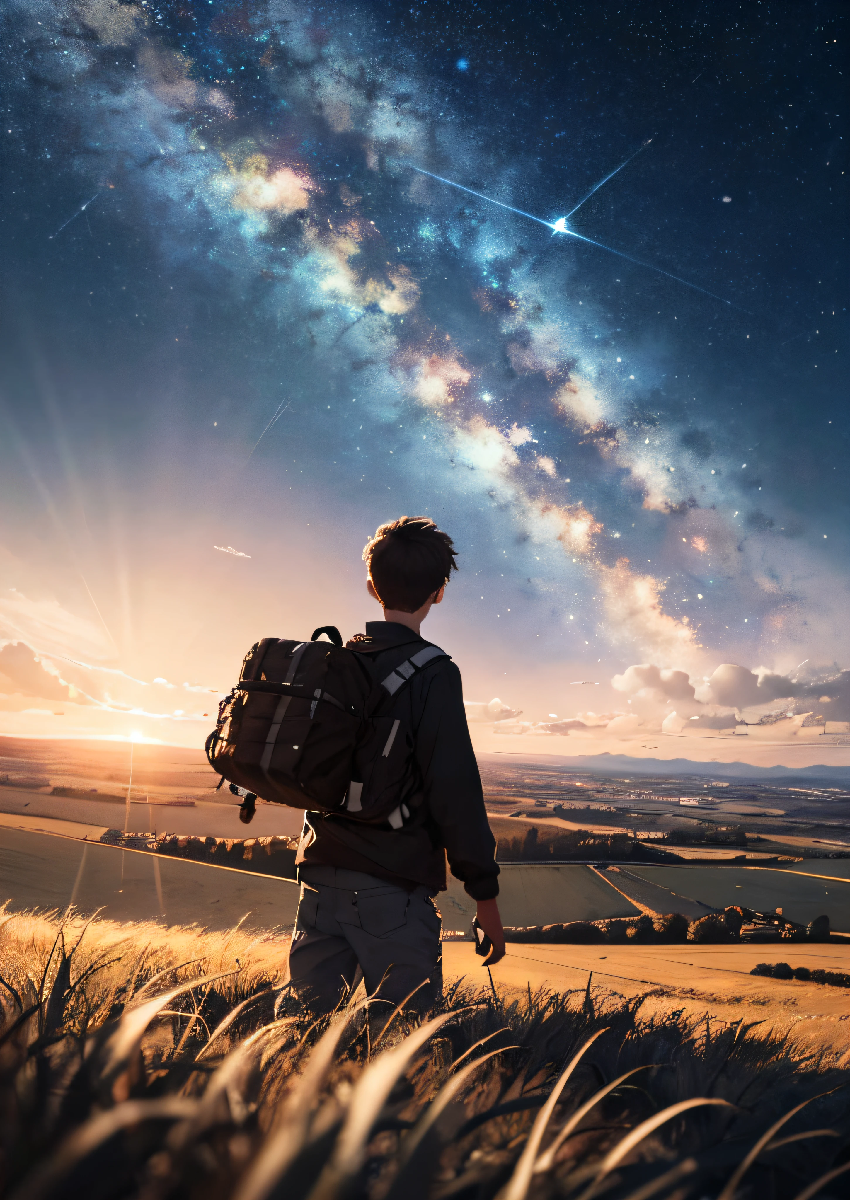 Vast sky, beautiful skyline, large grasslands, intense and dramatic pictures, moving visuals, hanging north stars, colorful natural light, a boy enjoying