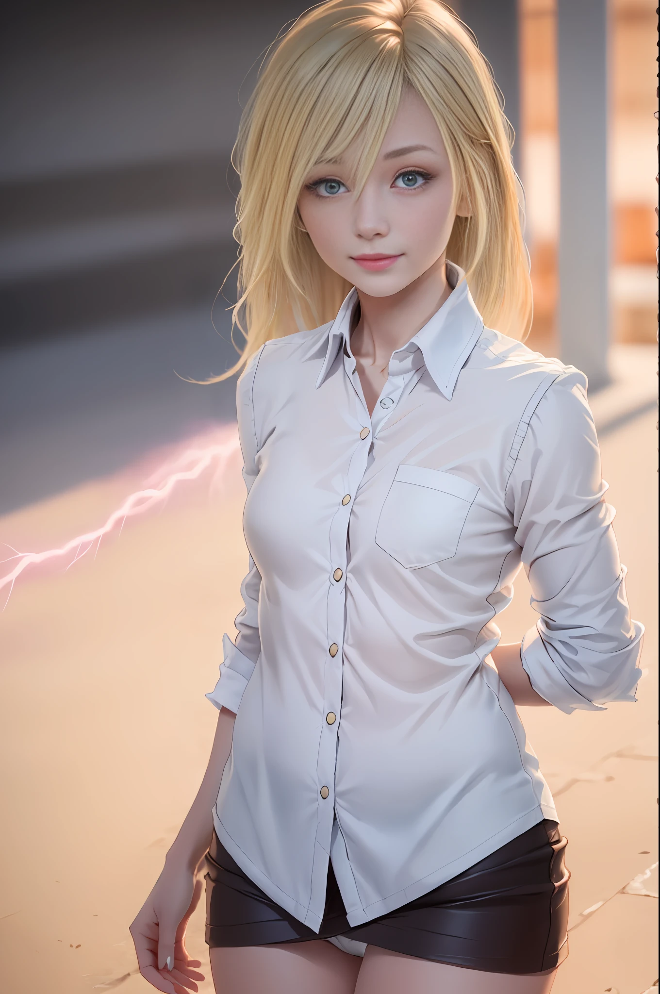 christaaot, perfect eyes, beautiful eyes, 1girl, detailed hair, ((discret smile)), full body, blonde hair, white shirt, white panties, (masterpiece), high-resolution, detailed skin, ultra-detailed, transparent, normal lightning, sexy, cute, confident, seductive