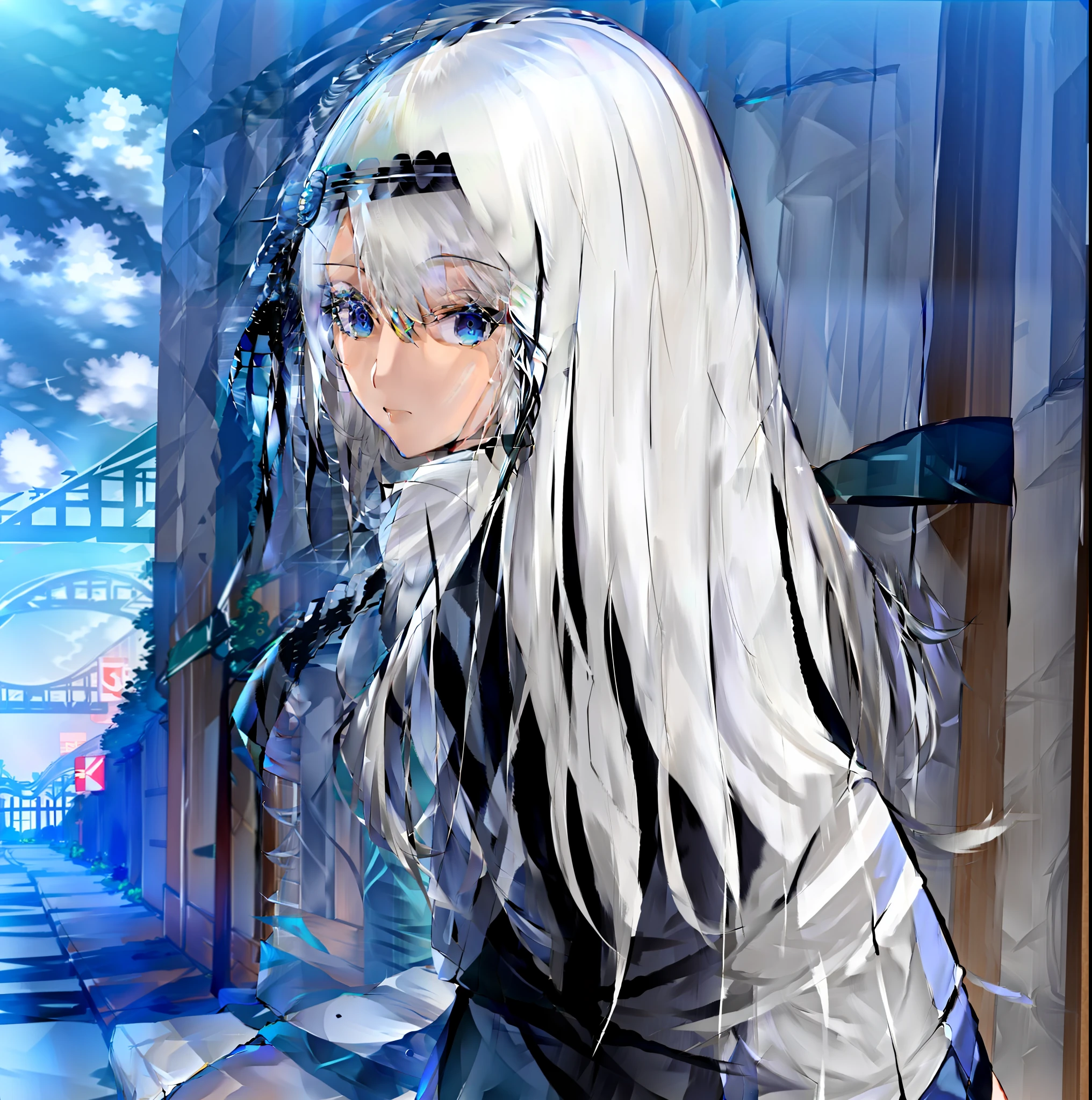 anime girl with long white hair and blue eyes standing in front of a building, girls frontline style, from girls frontline, Fine details. Girl Front, Girls Frontline CG, girls frontline universe, Kantai collection style, Girl Front, Girl with white hair, A scene from the《azur lane》videogame, Perfect white haired girl, azur lane style, white haired Cangcang, From Arknights