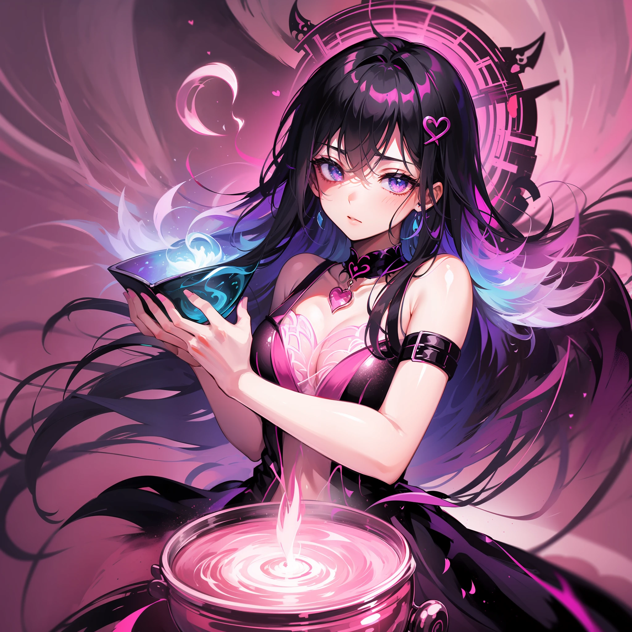 a rainbow witch concocting a love potion in a pink cauldron, dynamic, crazy colors