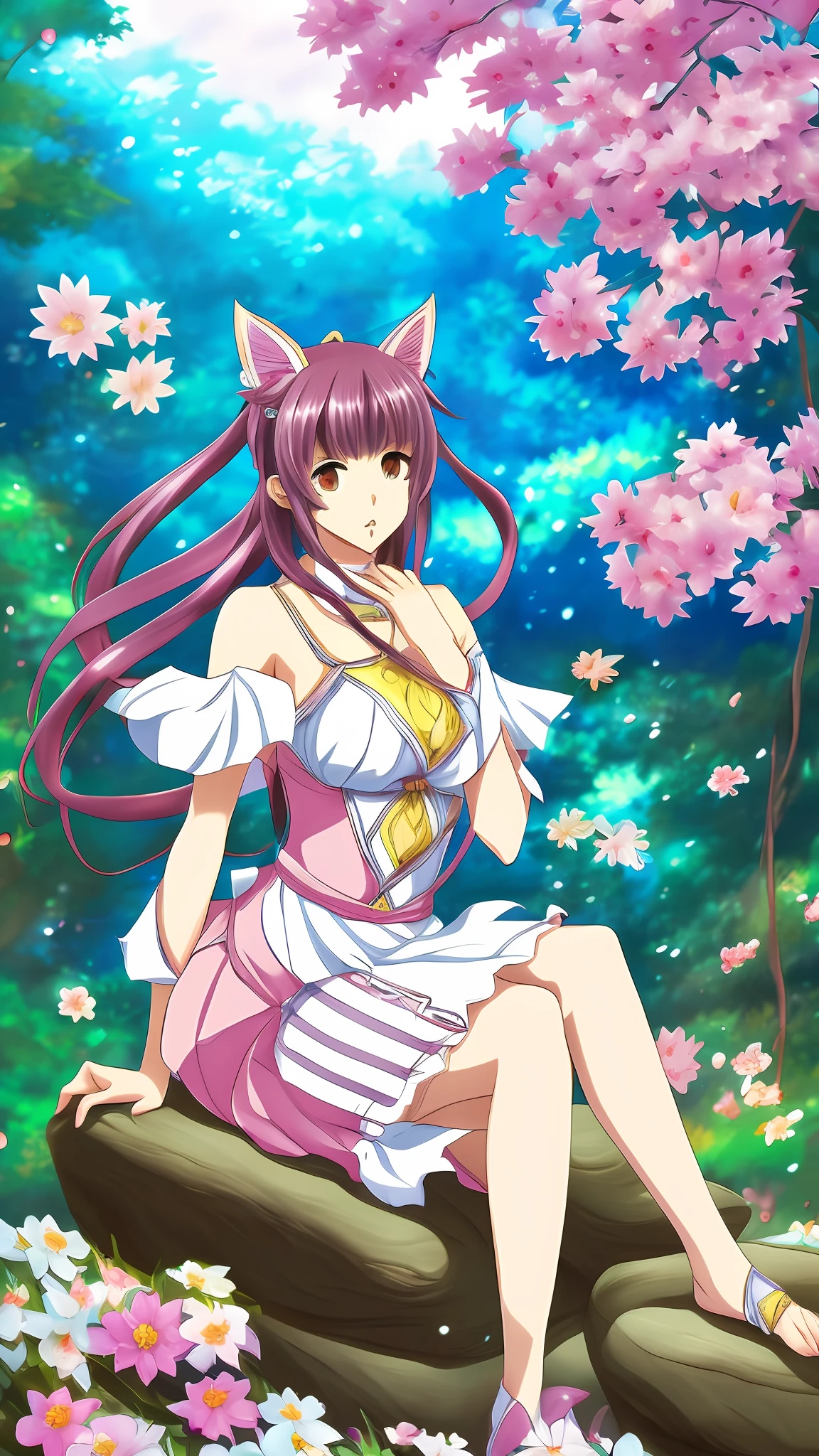 anime girl with big breast sitting on stone in a garden, Loli, small curvaceous loli, cute anime catgirl, Splash art anime Loli, beautiful anime catgirl, ahri, fluffy chest, Detailed digital anime art, seraphine ahri kda, Soft anime illustration, granblue fantasy, Very beautiful anime cat girl, anime catgirl --auto