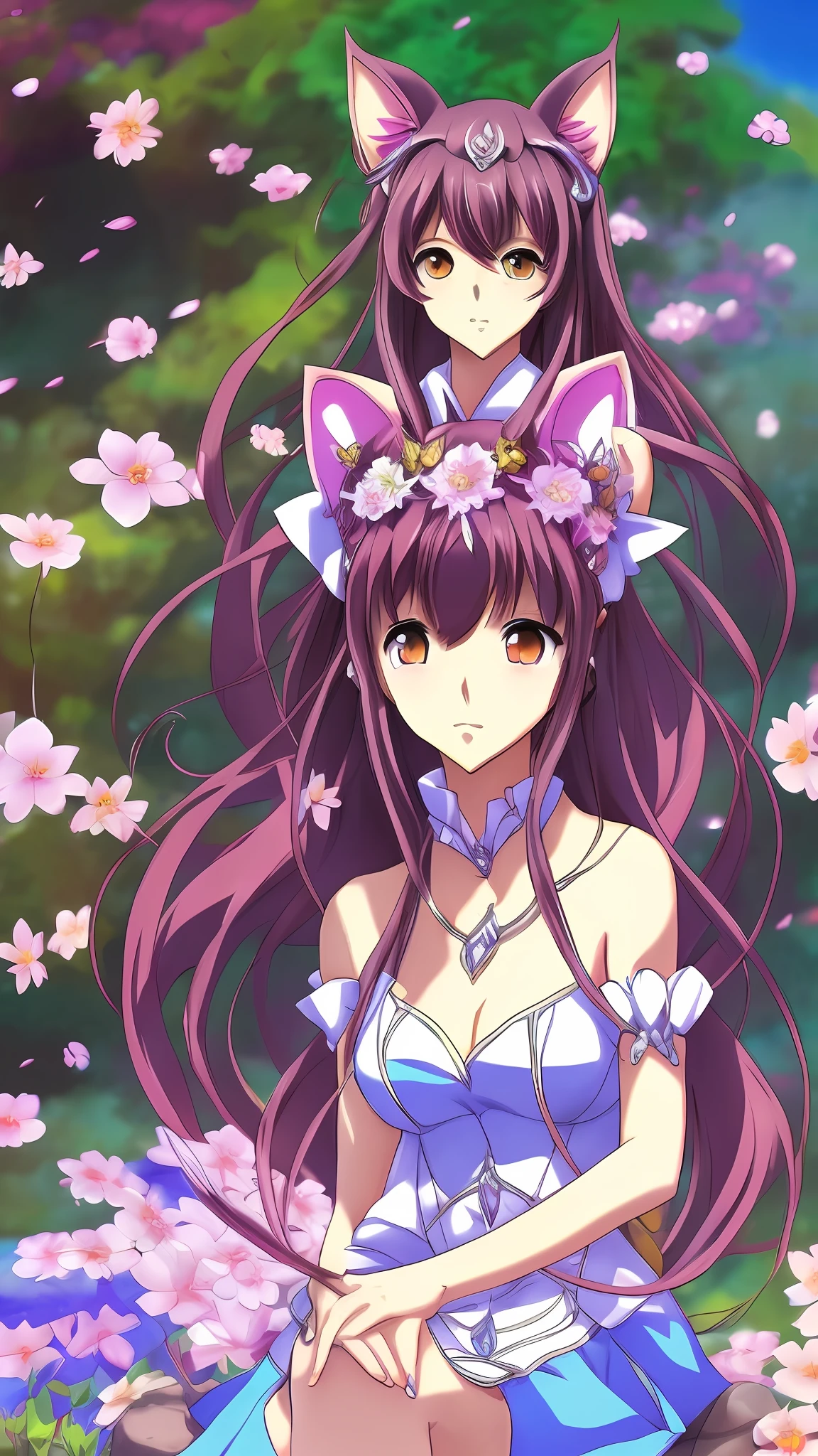 anime girl with big breast sitting on stone in a garden, Loli, small curvaceous loli, cute anime catgirl, Splash art anime Loli, beautiful anime catgirl, ahri, fluffy chest, Detailed digital anime art, seraphine ahri kda, Soft anime illustration, granblue fantasy, Very beautiful anime cat girl, anime catgirl --auto