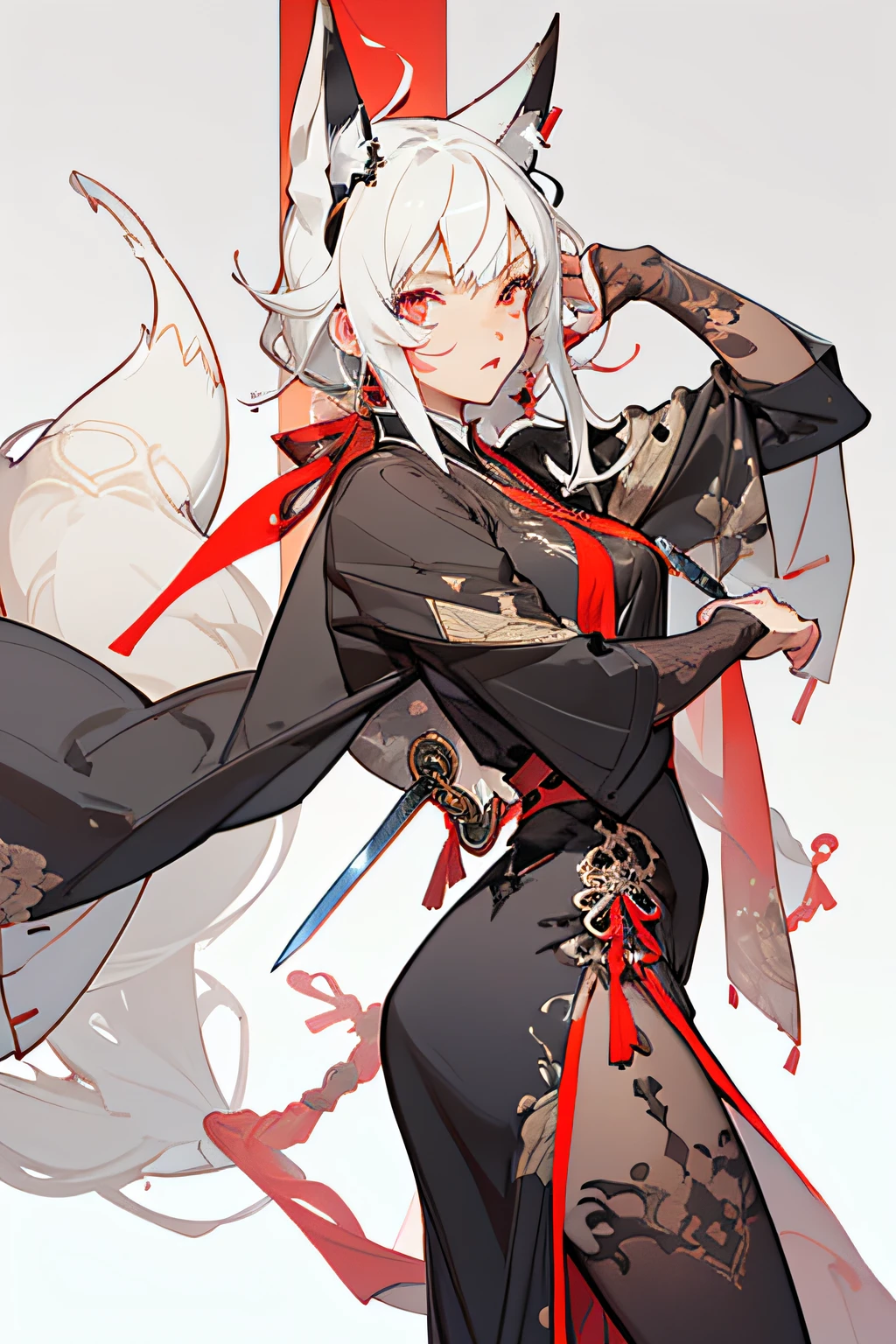 best qualtiy,Kizi,tmasterpiece,best qualtiy,8K,detailed skin textures,Detailed cloth texture,beautifull detailed face,Complicated details,the ultra-detailed,Armed with a sword,black long dress,STRAIGHT WHITE HAIR,(full bodyesbian)black lence stockings,fox spirit