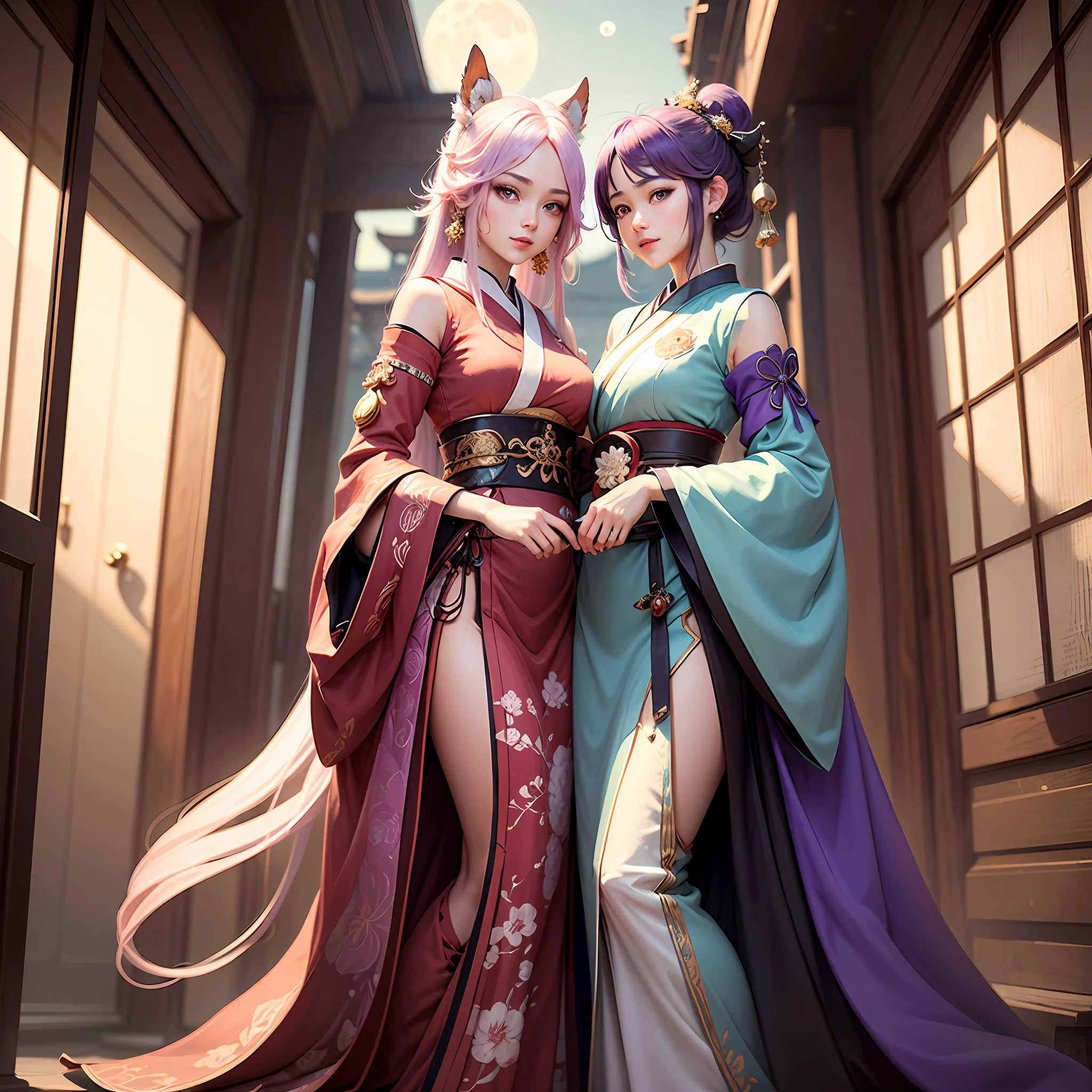 Masterpiece-level graphics,The finest quality details,Multi-character screen,The second sister is fair and beautiful,The third sister is heroic,Yae Miko is slightly mature,Has purple eyes and pink hair,Wearing traditional Japanese clothing,Purple hair is even more flowing and feminine。Rich in ornaments,The details are depicted exquisitely,It gives people a very high aesthetic enjoyment。The background depicts the moon and wide sleeves,The royal sister is full of style,Fully equipped,Crush smile charming。 --auto