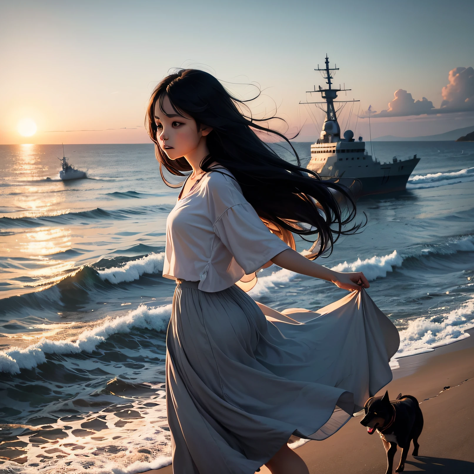 Girl facing the sea，There are warships on the sea，Head-on，The girl wears a long skirt and long black hair，The sun is just going down，The sun is shining on the girl, and there's a dog running like a girl， --auto