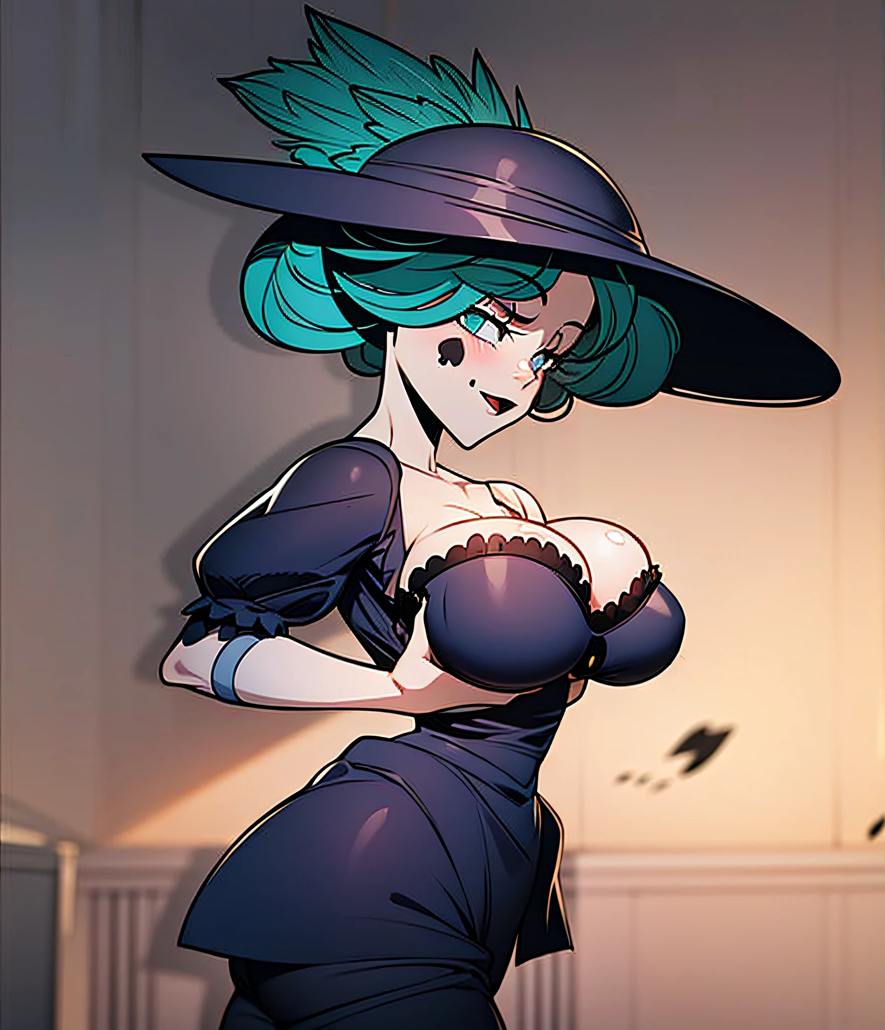 a woman in a purple dress and hat with a black top, 2d art, 2 d art, fashionable dark witch, shalltear from overlord, dark witch character, abigail larson, jojo anime style, cel - shaded art style, anime art nouveau, official character art, morrigan, classical witch, retro anime girl, eldritch lovecraftian secretary