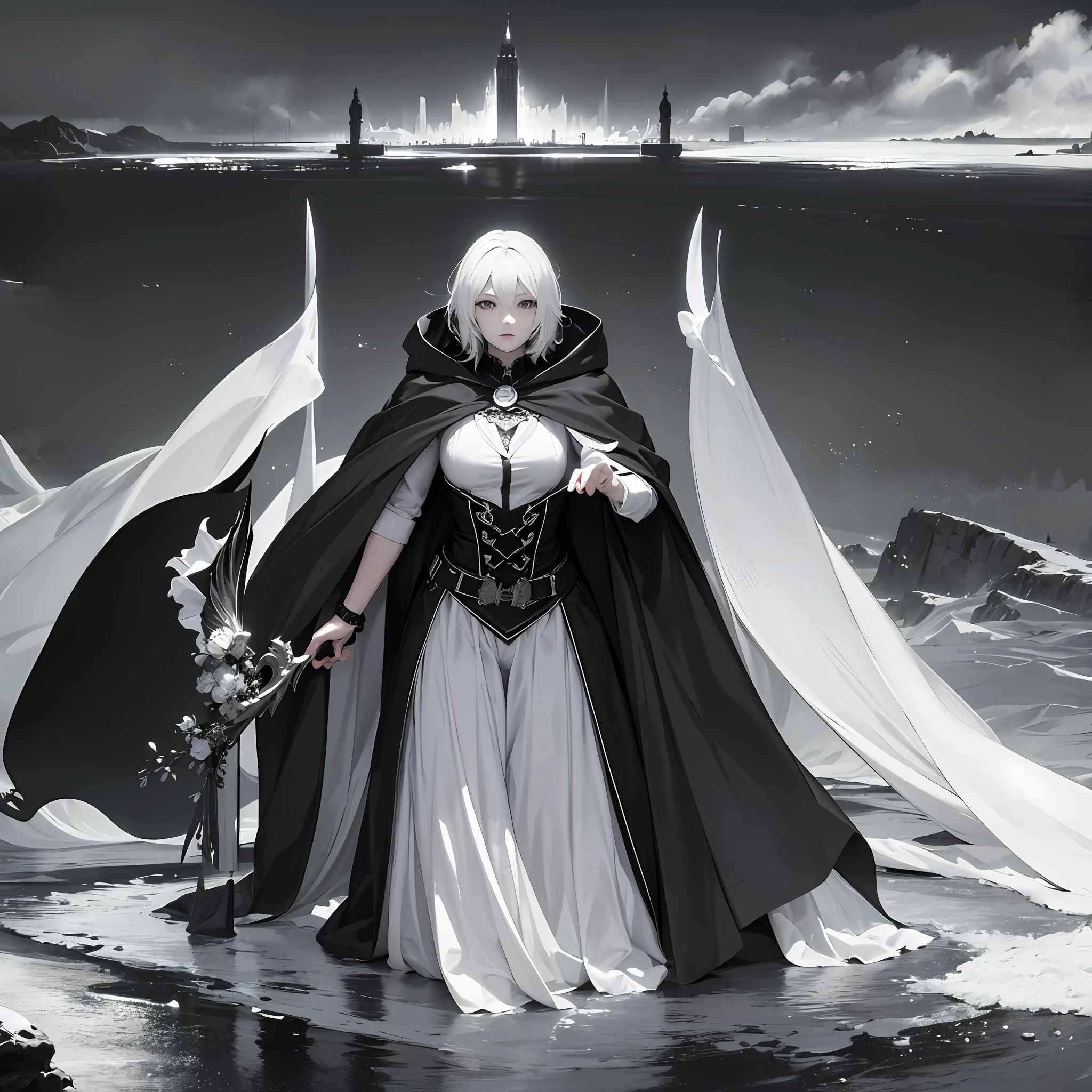 "(((Magnificent))), High Picture Quality, ultra detali, (The subject: Dark mood), Shutter effect, characters, Black and white duotone, {white color hair(1.2),(Black cape:1.1 texture), metalictexture(1.1 texture)}, {Grandiose scenes,Spectacular views,Wide lens}"Two-dimensional". --auto
