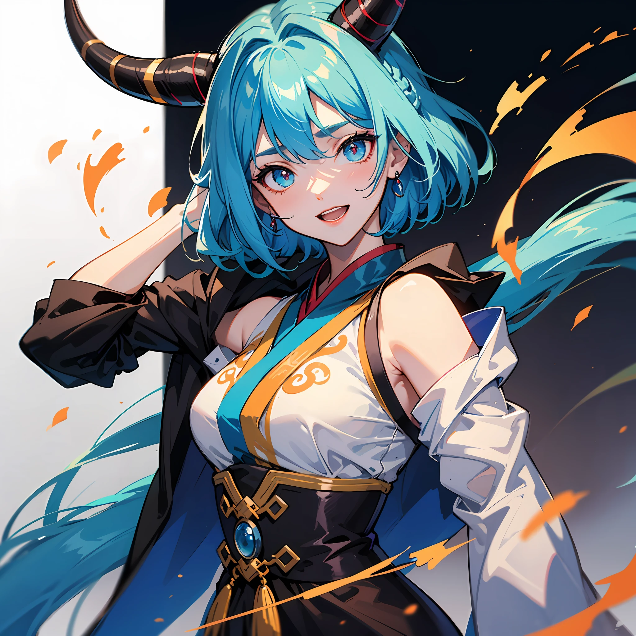 Kizi，Gradient blue hair，There are pairs of dragon horns on the head，Lively and cheerful，Hanfu，Blue pupil --auto