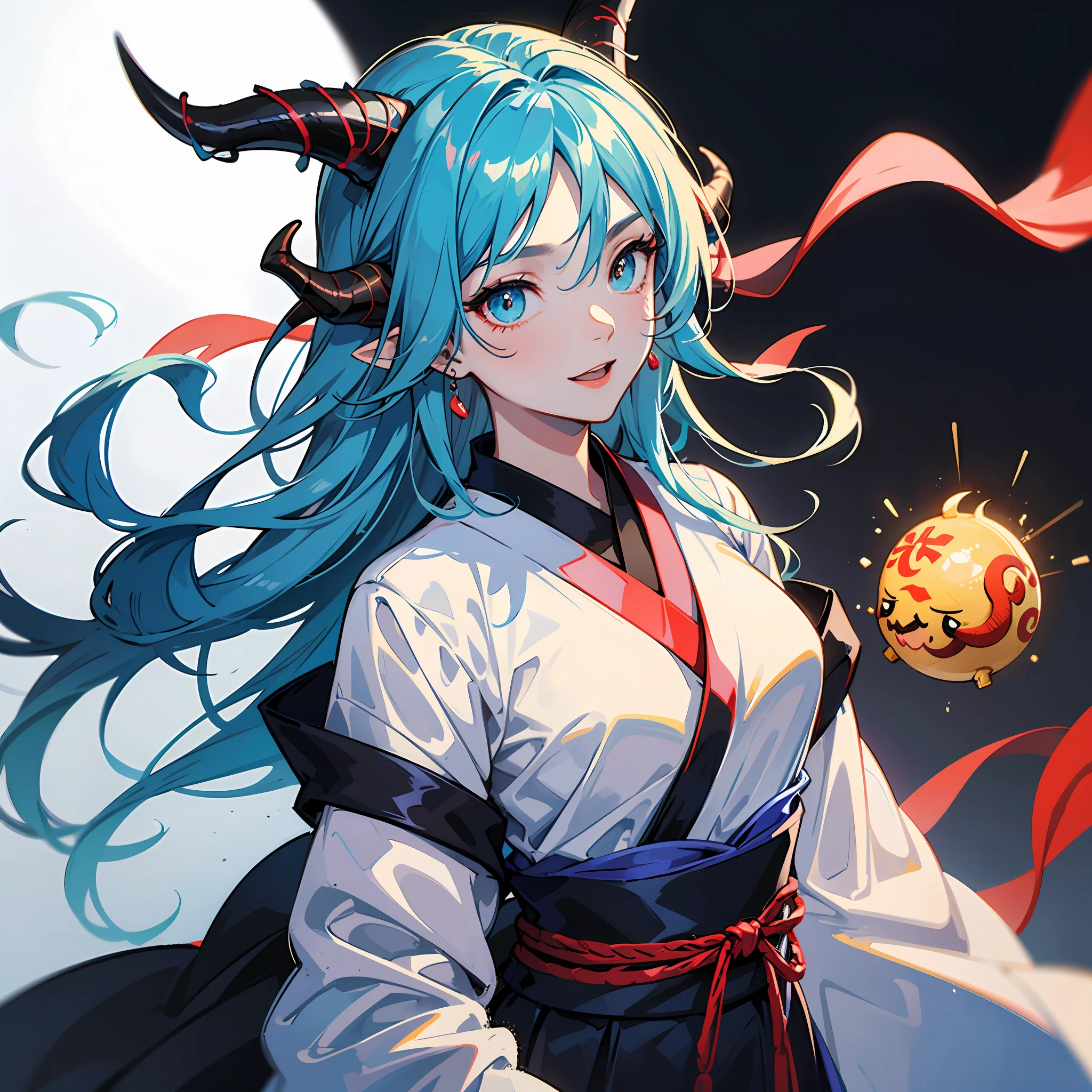 Kizi,Gradient blue hair,There are pairs of dragon horns on the head,Lively and cheerful,Hanfu,Blue pupil --auto