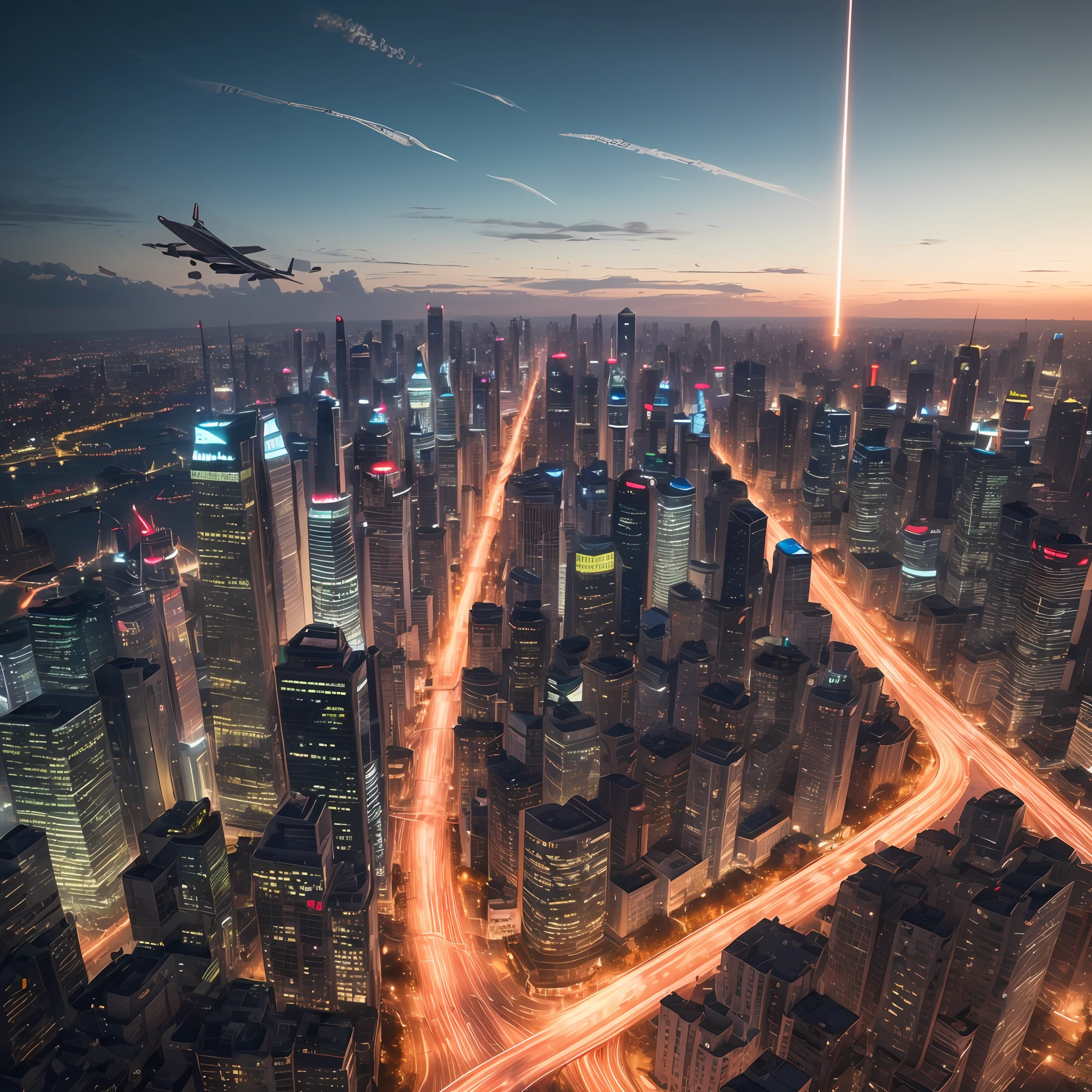 The ultra -The high-definition,Cinematic texture,cinematic style,epic,Realisticstyle,Future wars,Bullets flying,Missile launch,Wandering Earth,Cinematic texture,,Explosion scene,Shanghai night view,overpass,8K,A lot of vehicles are moving,Airplanes fly,Clouds,space elevator,blasts,Epic,UAVs,,Camera shot,actionpacked, --auto