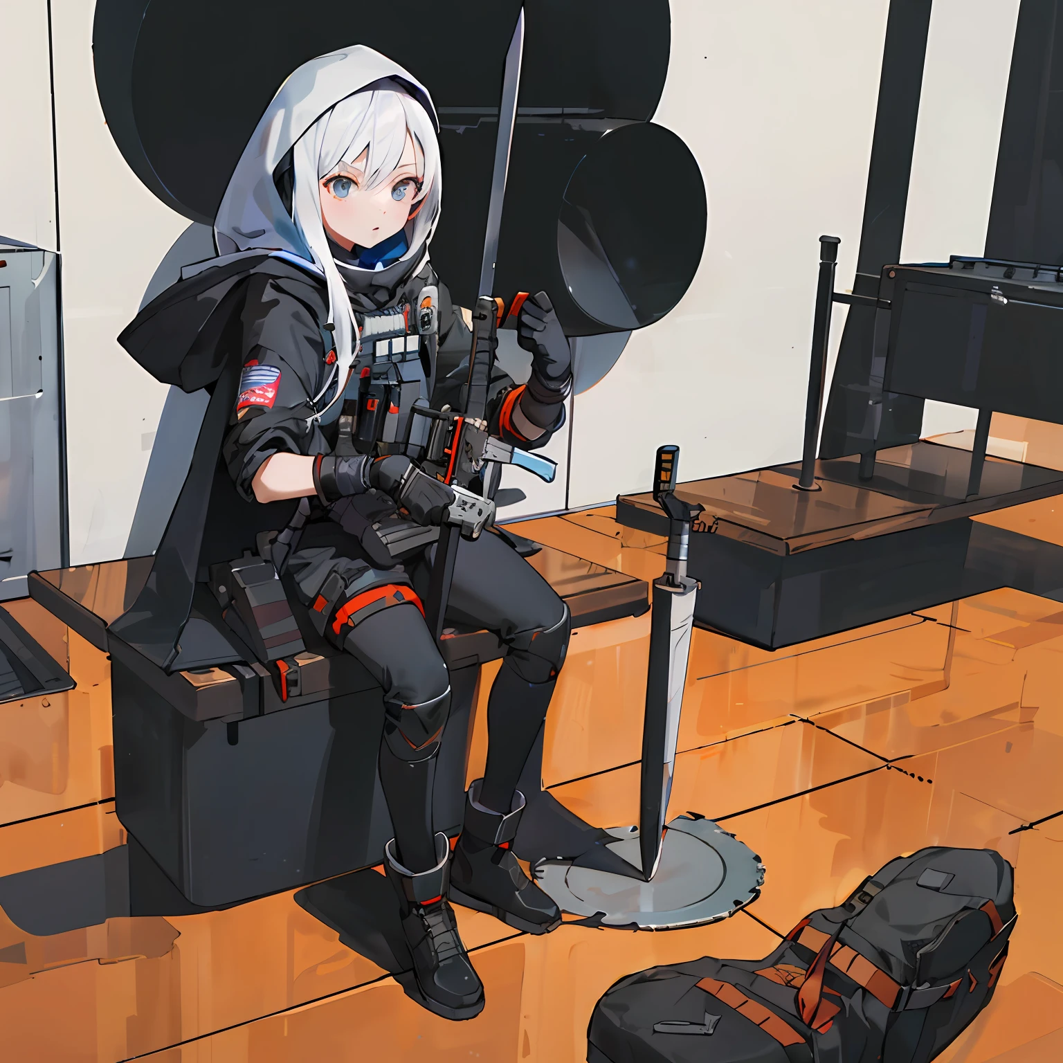 A female ninja squatting in a high place