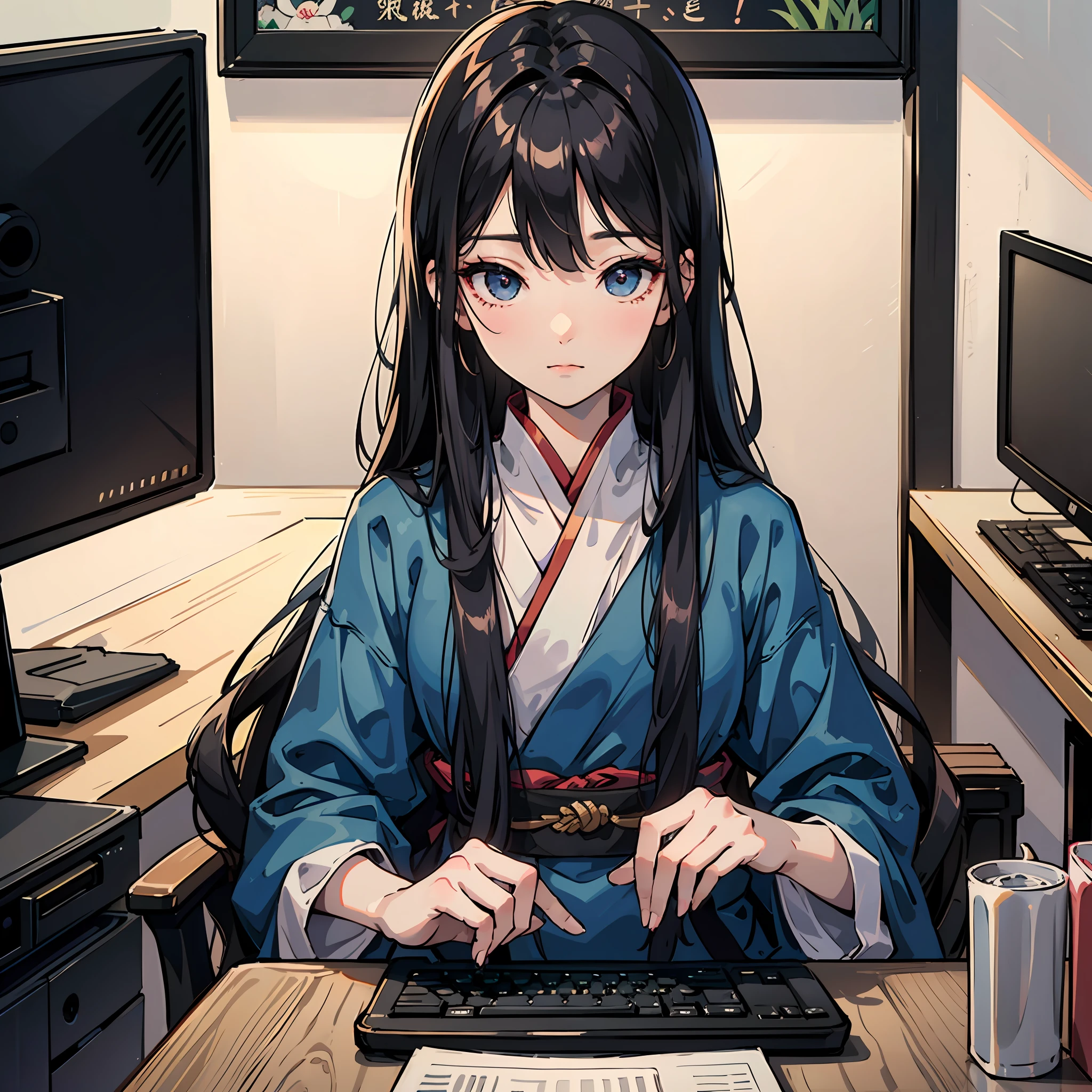 wavy and long hair，black-hair，ChineseGirl，Sit at the computer，Keep your eyes on the computer screen，One hand touches the hair，最好质量，tmasterpiece --auto