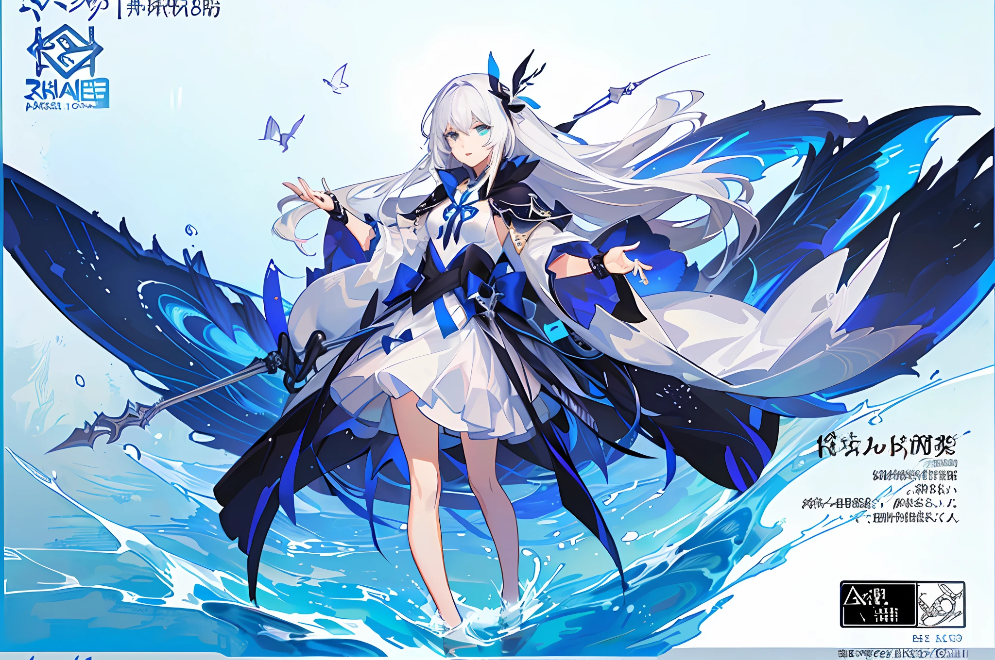 anime character with long white hair and blue wings standing in the water, high detailed official artwork, white cyan, Digital art on Pixiv, God has no moon, trending on artstation pixiv, Zodiac girls, The god of white hair, Anime art wallpaper 8 K, Official artwork, Anime art wallpaper