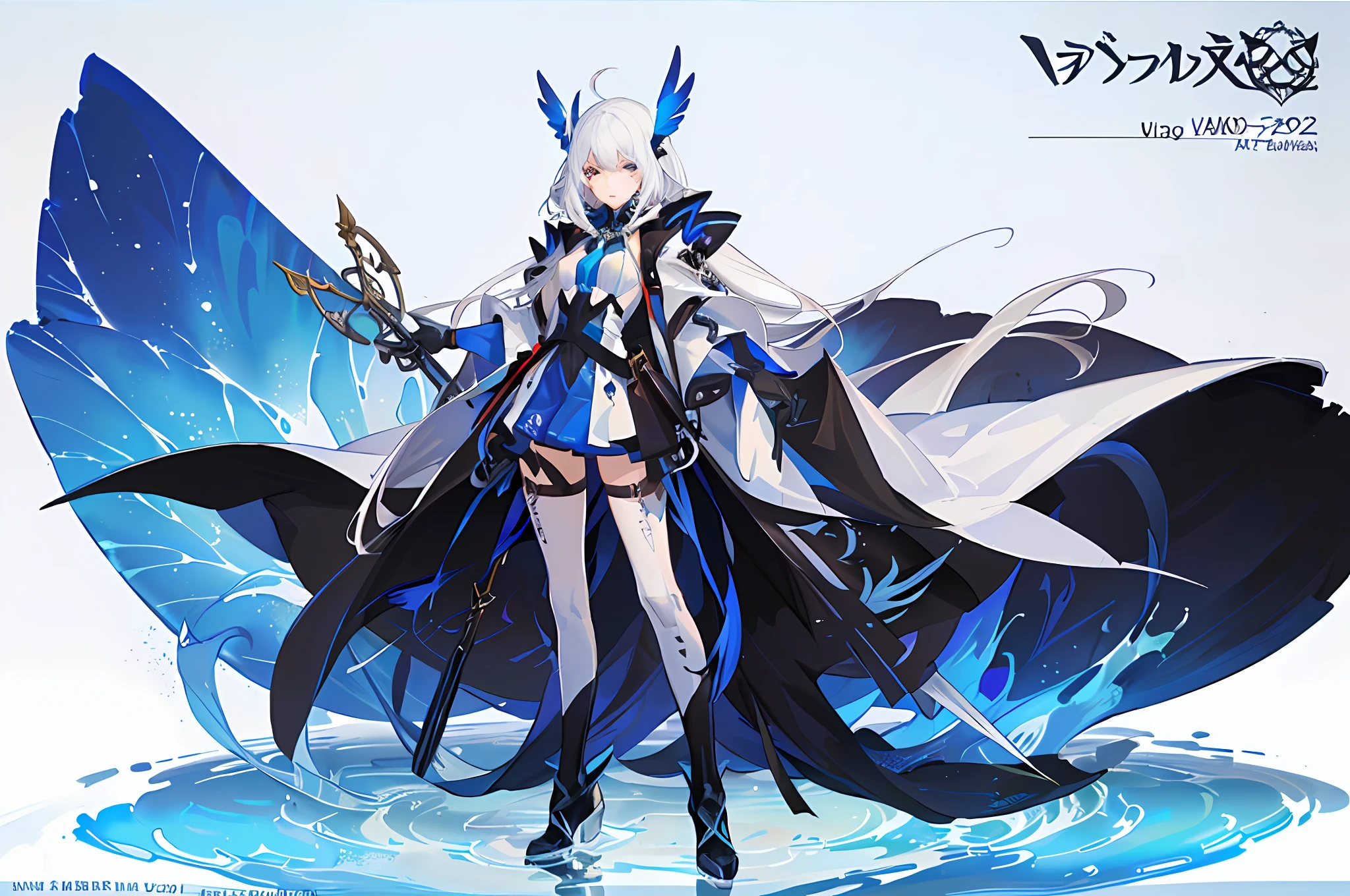 anime character with long white hair and blue wings standing in the water, high detailed official artwork, white cyan, Digital art on Pixiv, God has no moon, trending on artstation pixiv, Zodiac girls, The god of white hair, Anime art wallpaper 8 K, Official artwork, Anime art wallpaper