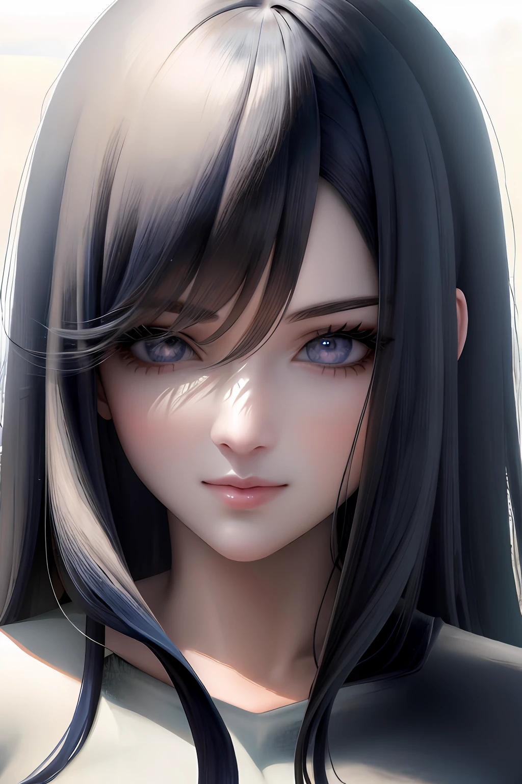 Flying woman with long black hair and purple eyes staring into the camera, Foto retrato suave 8 k, modelo bonito da , meninao bonita, cabelos castanhos e olhos grandes, rosto bonito fotorrealista, rosto e olhos perfeitos, close-upheadshot impressionante, photorealistic anime girl render, rosto bonito hiperrealista, belos olhos enormes, cabelos pretos, olhos roxos