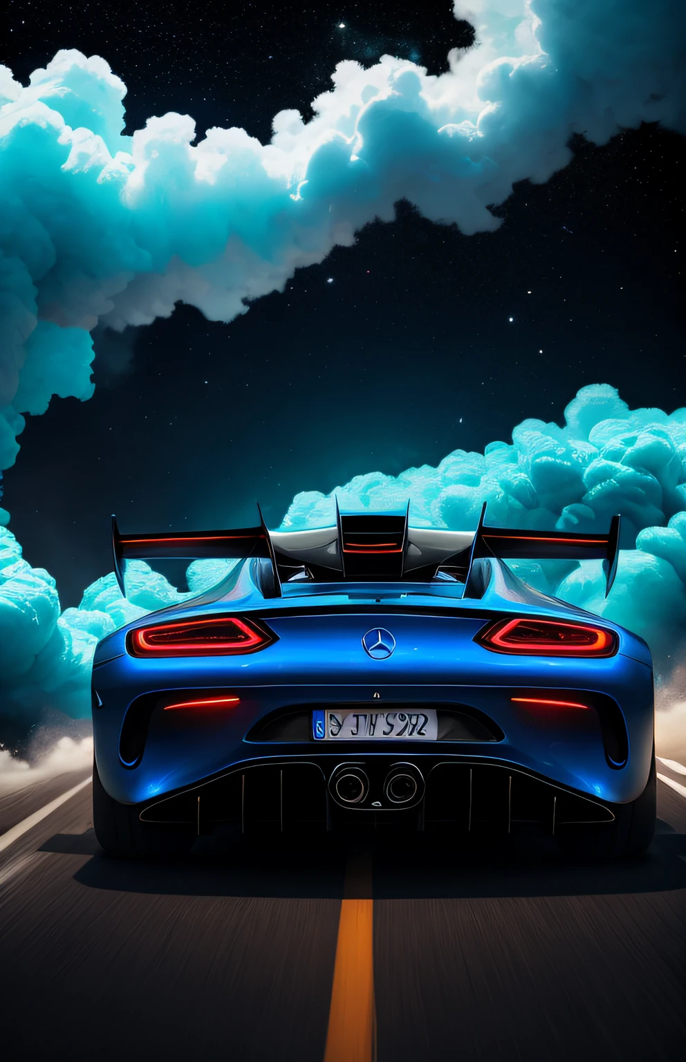 (masterpiece), melhor qualidade, ultra-detalhado, cyber hypercar car scene,[suave colorido:1.2],[blue swirling smoke:1.2], legendary, [paisagem urbana futurista: 1.3], outer space, mercedez benz, sombra suave.