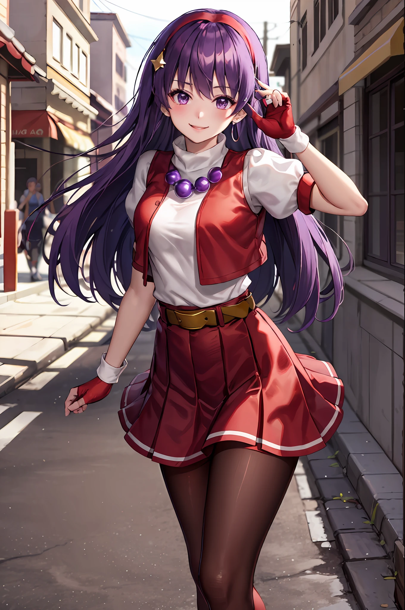 (masterpiece), (best quality), (ultra-detailed), intricate detail, athena97, 1girl, solo, purple eyes, purple hair, long hair, white earrings, red hairband, star hair ornament, medium breats, red vest, white turtleneck, white puffy sleeves, short sleeves, red pleated skirt, (deep red pantyhose:1.2), black pantyhose, yellow belt, purple sphere shape necklace, red fingerless gloves, white short socks, red shoes,   (outdoors), photography, smile, blush, sunny, nsfw, cowboy shot, blurry background, street background,