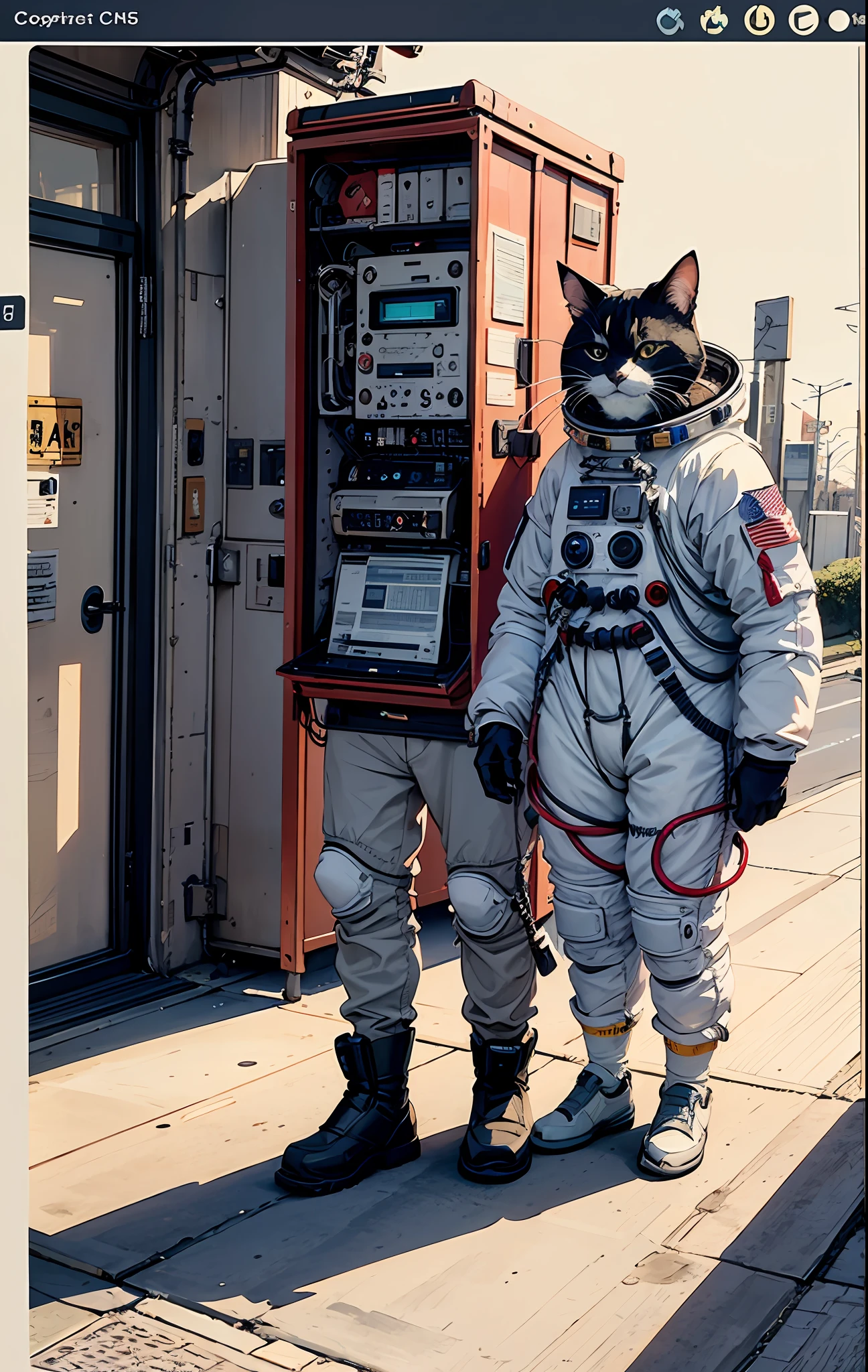a cat in a space suit standing on a street, computer graphics by Chris LaBrooy, cgsociety, space art, unreal engine 5, reimagined by industrial light and magic, unreal engine