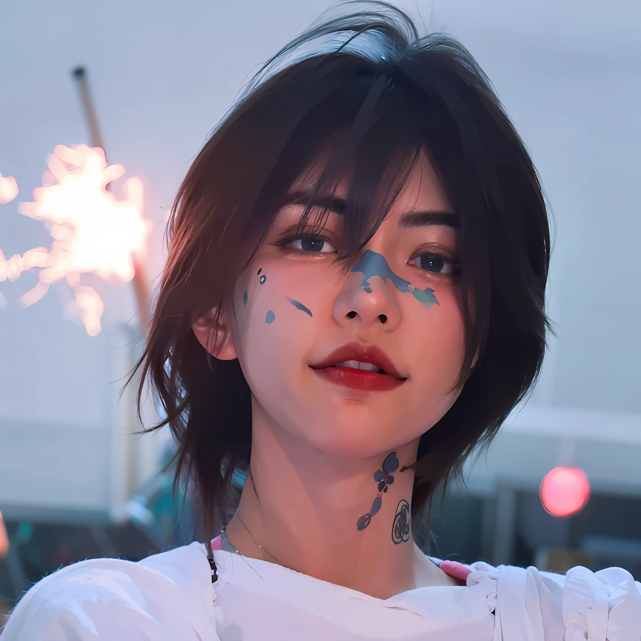 arafed woman with face paint holding a sparkler in her hand, brandon woelfel, Kuvshinov Ilya, Anime style mixed with Fujifilm, with short hair, warpaint aesthetic, Kuvshinov, lofi girl aesthetic, of taiwanese girl with tattoos, ( Ilya Kuvshinov ), personal profile picture, Profile image, anime vibes