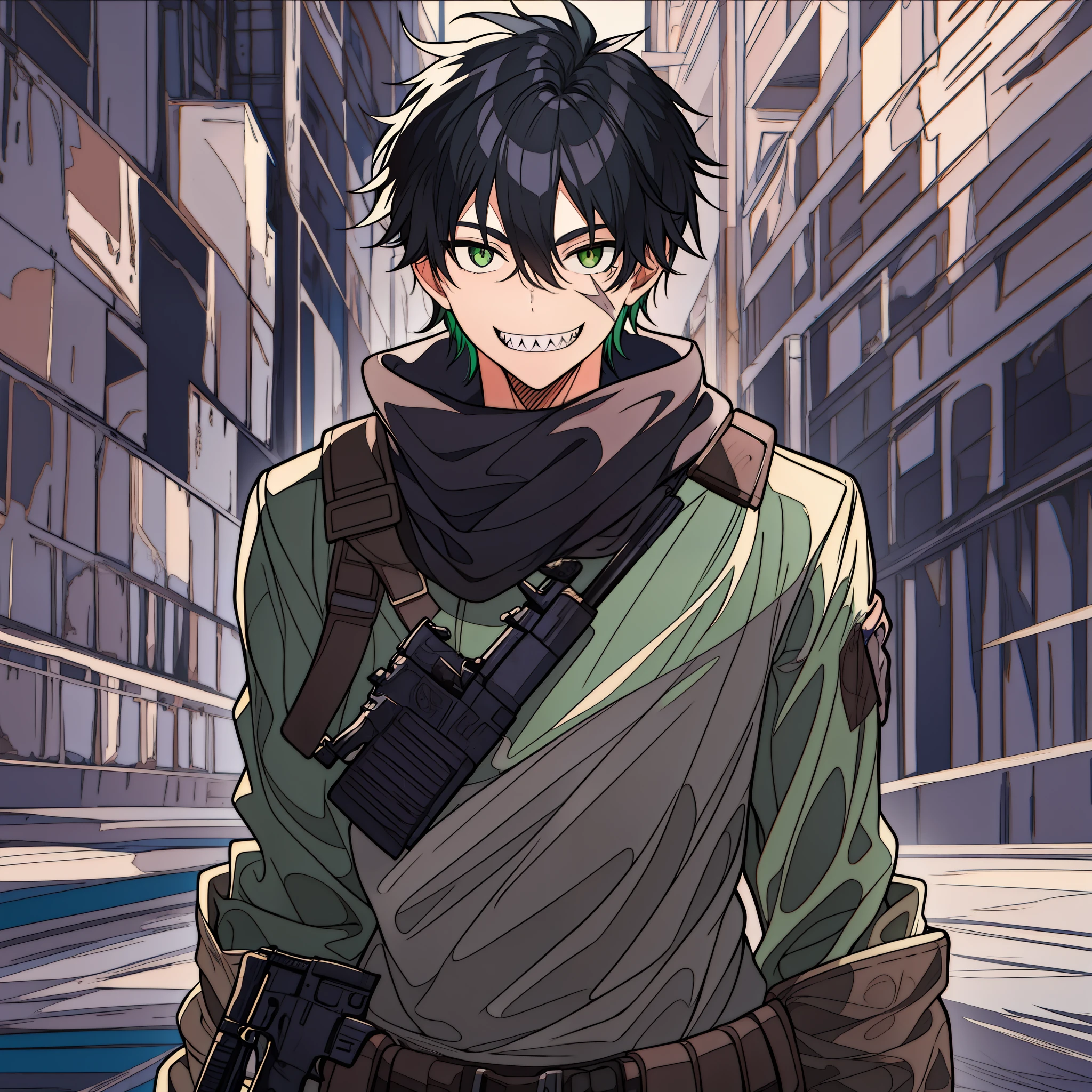 Older teenage Male with black hair and green eyes, sharp teeth, smiling, holding a gun, wearing stuff a bounty hunter would but make the colors of it black, scar across right eye