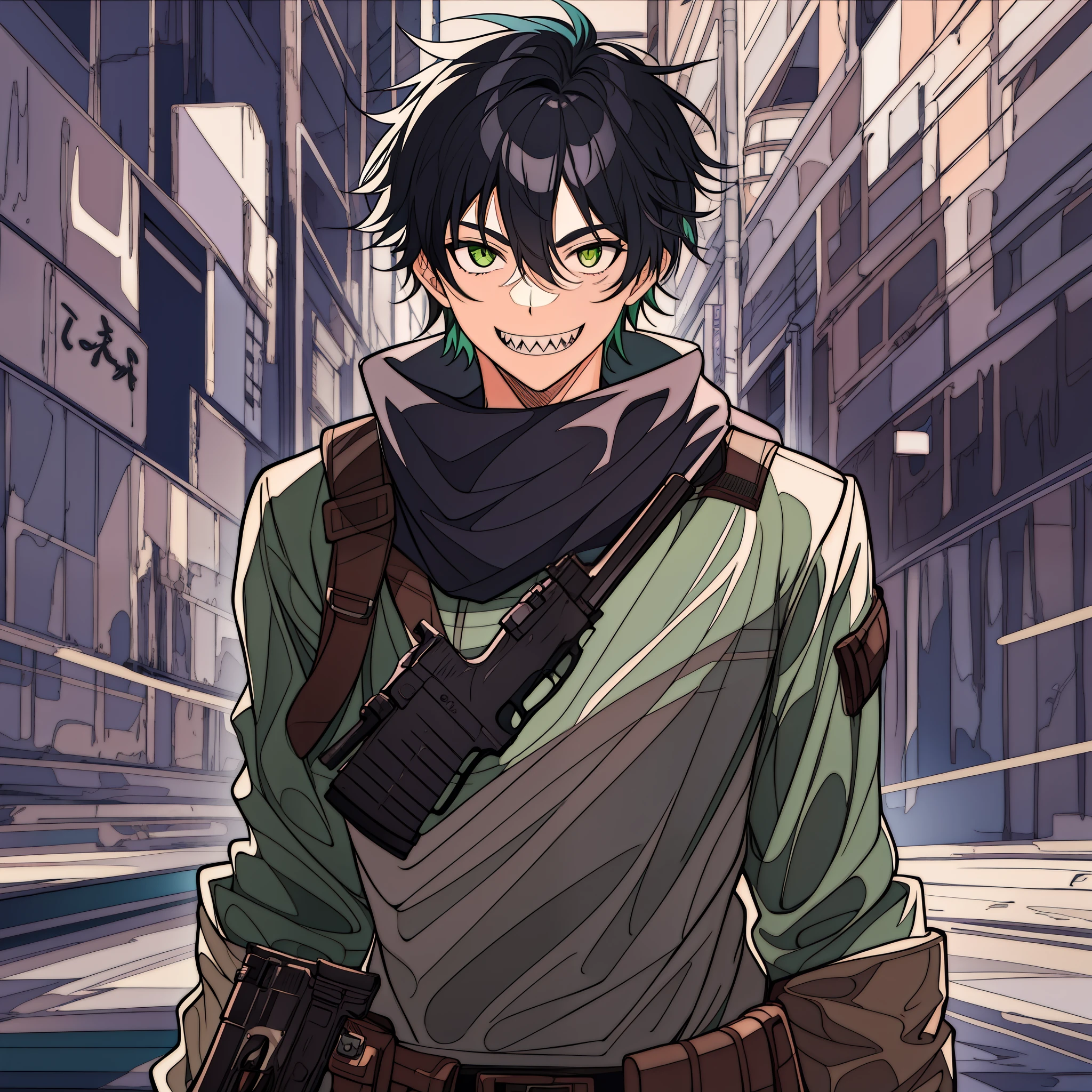 Older teenage Male with black hair and green eyes, sharp teeth, smiling, holding a gun, wearing stuff a bounty hunter would but make the colors of it black, scar across right eye