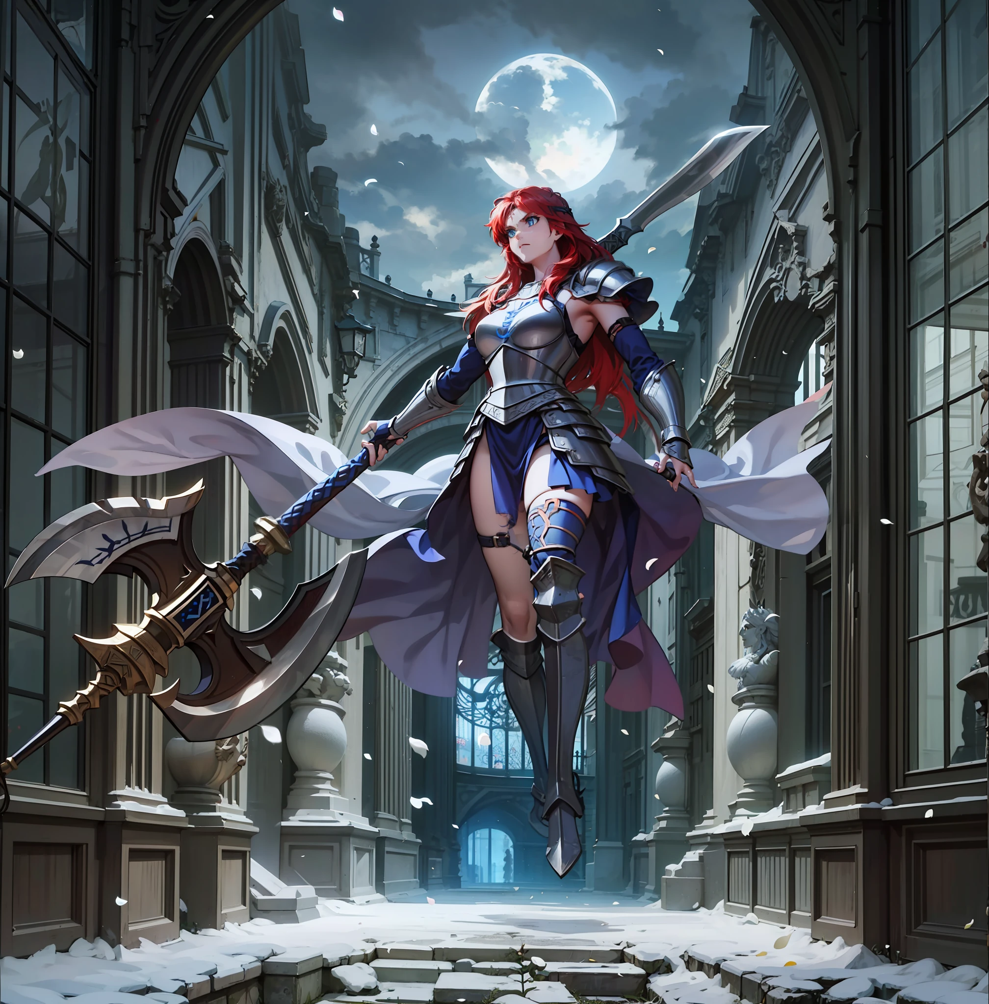 Boadicea, red-haired Viking warrior with Nordic armor and rune tattoos on her body and blooming blue eyes holding an axe, 4k