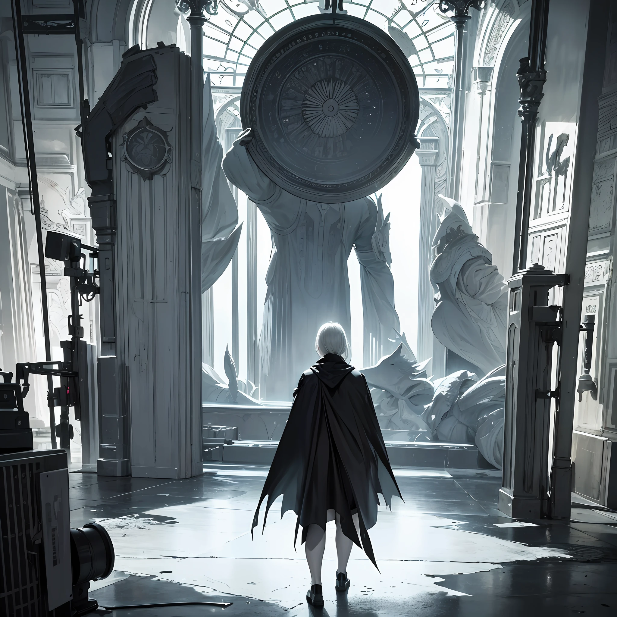 "(((Magnificent))), High Picture Quality, ultra detali, (The subject: Dark mood), Shutter effect, Teen characters, Black and white duotone, {white color hair(1.2),(Black cape:1.1 texture), metalictexture(1.1 texture)}, {Grandiose scenes,Spectacular views,Wide lens}"Two-dimensional". --auto