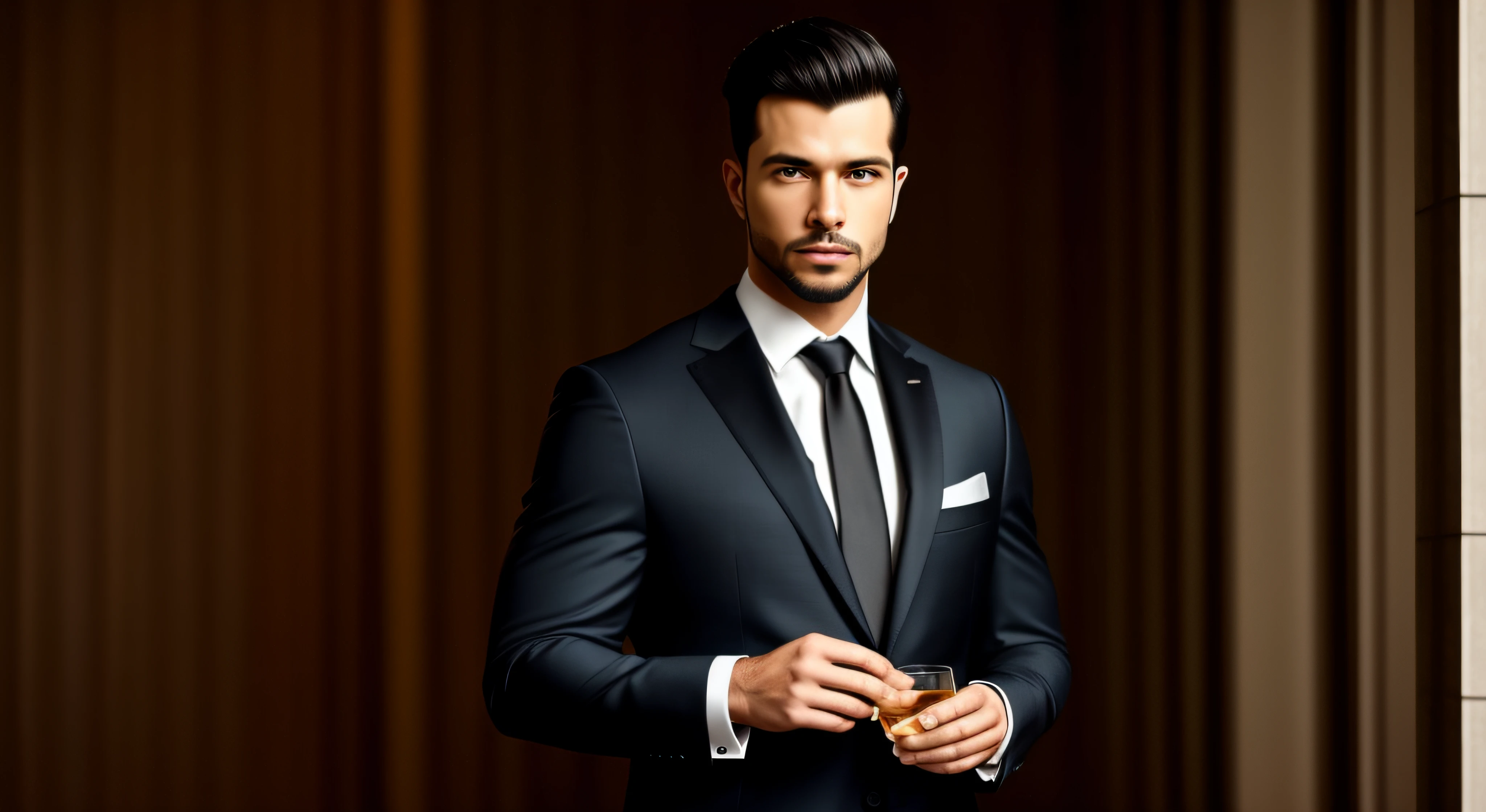 There's a man in a suit and tie standing in a room holding a Wisky, terno escuro, homem no terno preto, terno preto luxuoso, apelo masculino alta moda, bonito e elegante, smoking preto ornamentado, terno intrincado, terno preto formal. circunstanciado, 3-piece-suit, homem bonito, Macho bonito, terno e Colete, Terno Elegante, vestindo um terno nobre preto, Escuro, (((black suit and tie of high standard))) (((Front view))) (((Portrait from head to waist))), Macho adequado, Very detailed flawless face, olhos abertos detalhados, muito bonito, epics, heroic, guerreiro. (musculoso), (large muscles), ((peitorais grandes)). cabelos compridos, 40 anos, olhar dominante, Jeito dominador, sentindo-se um pouco irritado, cabelos pretos, barba preta, corpo masculino musculoso, face masculina, (((manly))), room in a luxury mansion, alta qualidade, (Hiper realista), (detalhado), circunstanciado, The man is standing (cinemactic) --without glasses --air 16:9 -- s 750 --auto