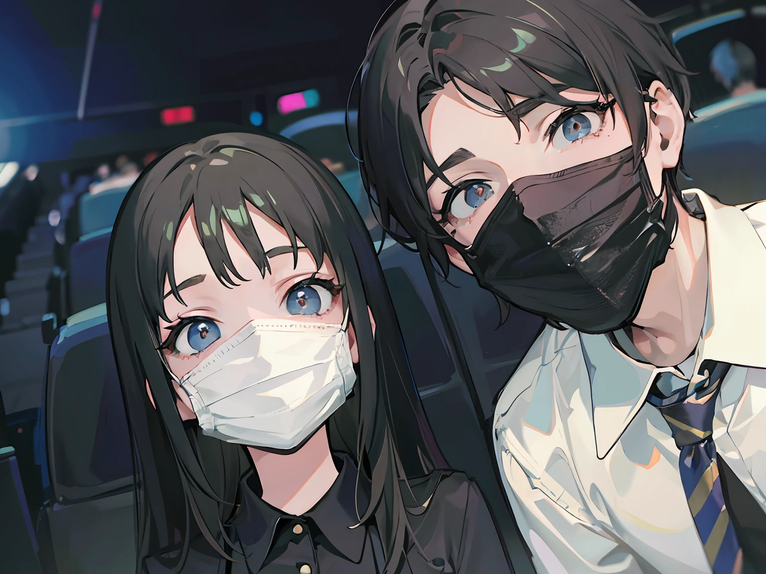 Inside the cinema，Girl on the left，Wear a white mask，Wear a black shirt，The boy on the right，wearing black mask，Wear a white shirt