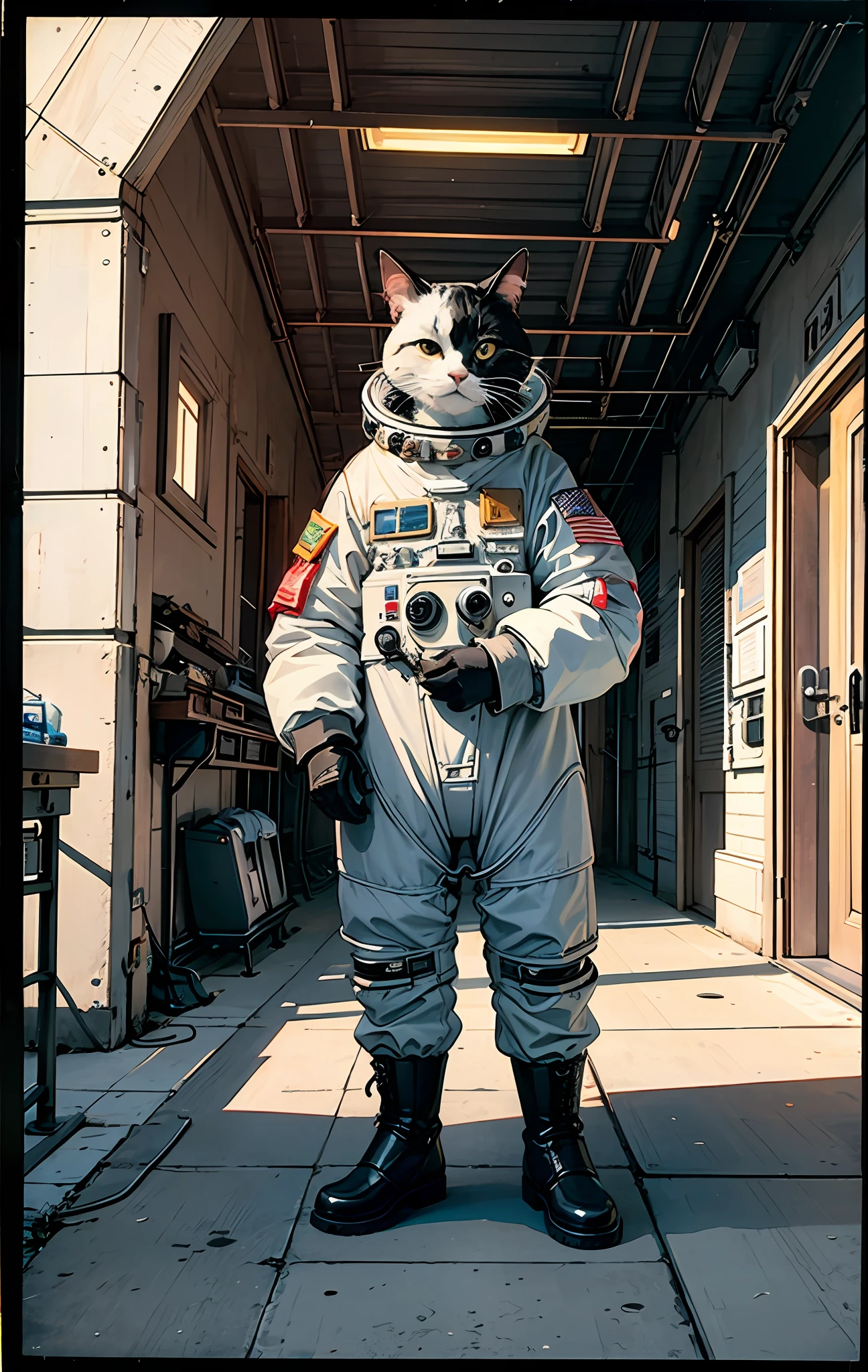 a cat in a space suit standing on a street, computer graphics by Chris LaBrooy, cgsociety, space art, real engine 5, reimagined by industrial light and magic, unreal engine, Kodak portra 800, Leica 80mm, ISO 1000