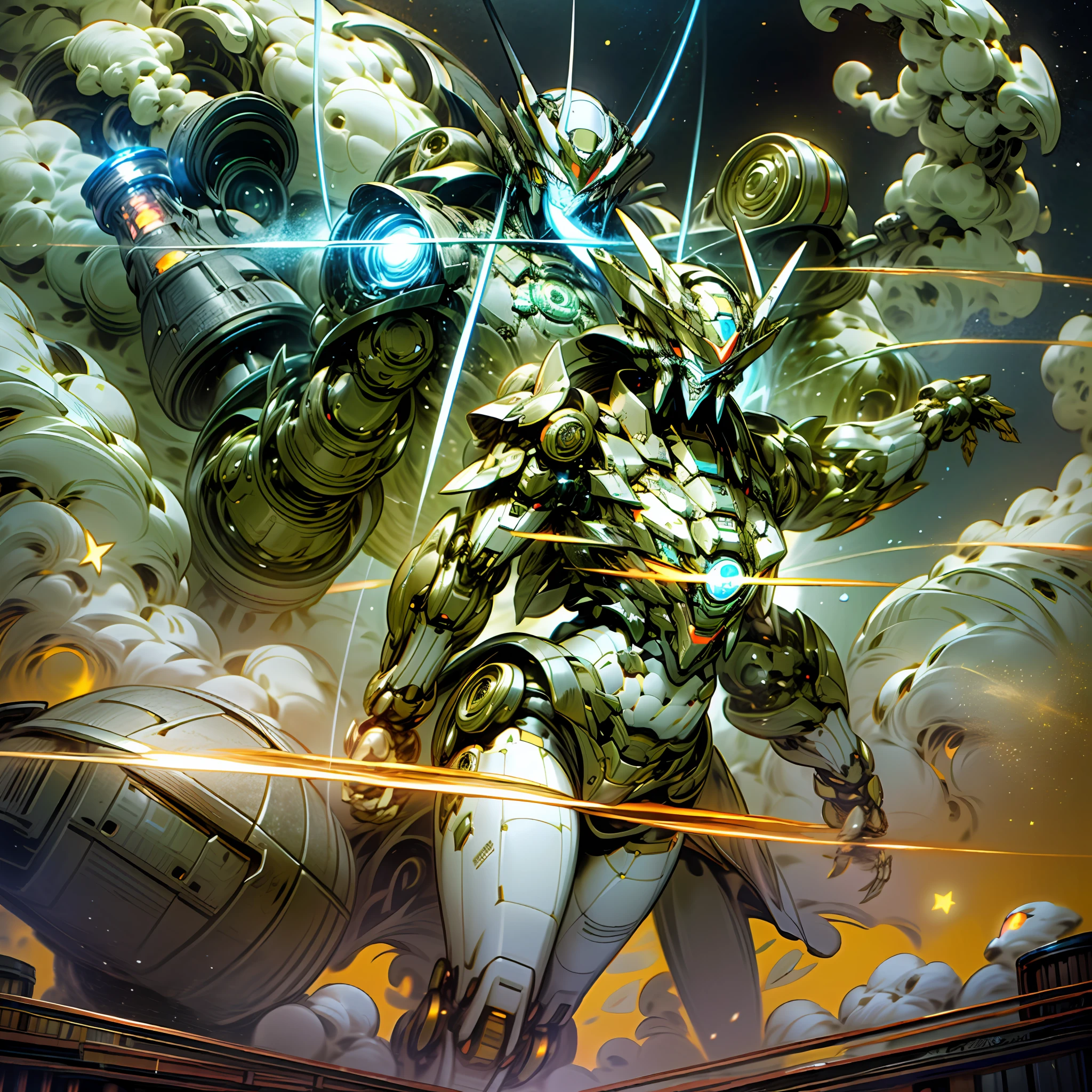 Huge mechanical deity,Stand in the universe,Four arms,Behind him is a circular formation,Four hands hold plasma guns,There is a round nuclear reactor in the belly,There is a Star Destroyer cannon on the chest,CG illustration