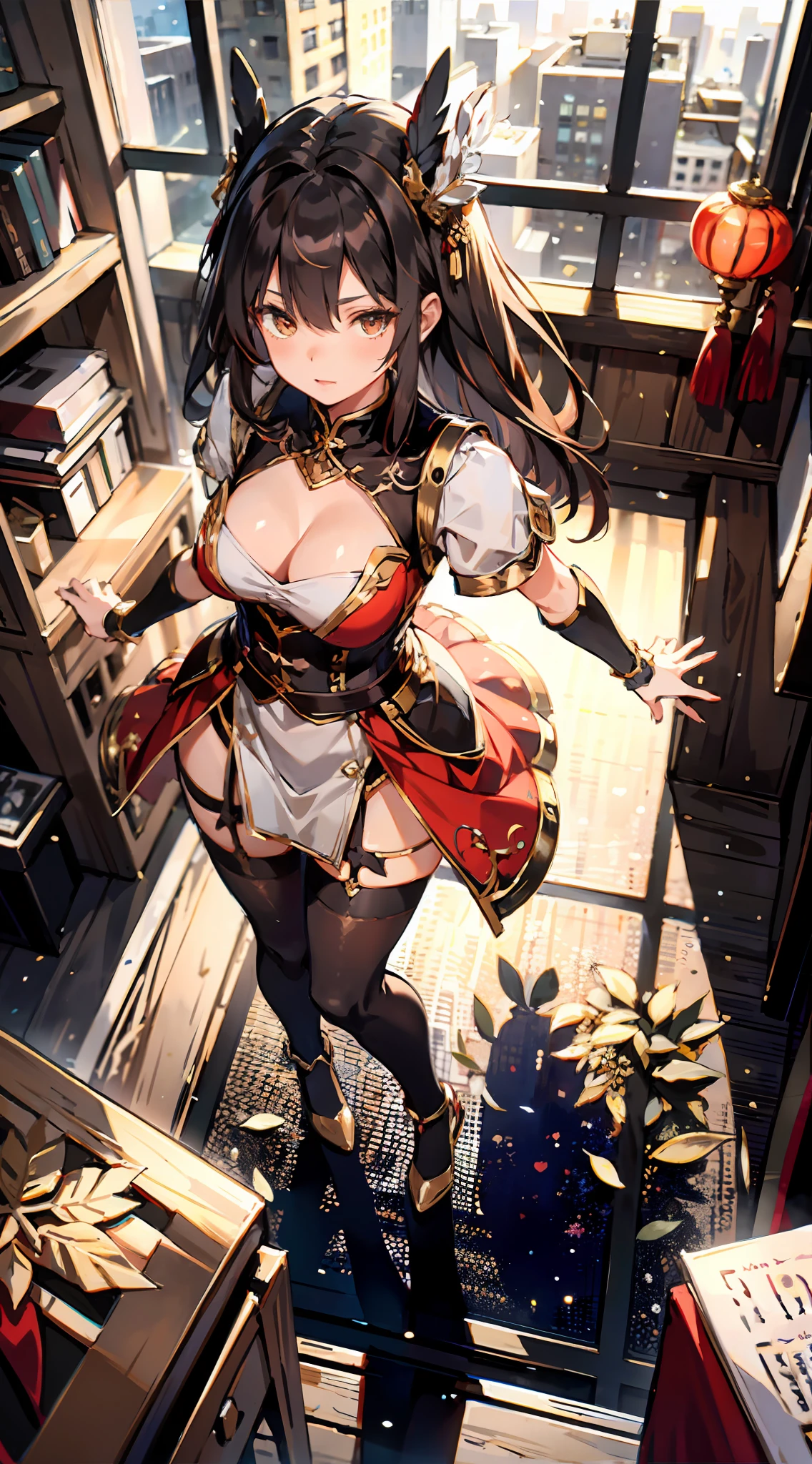 Ridiculous resolution,A high resolution,(tmasterpiece:1.4),ultra detali,1girll,from from above,Skysky,Red Chinese dress,red dress,black lence stockings,pale brown hair,Golden eyes,Hand out of the box