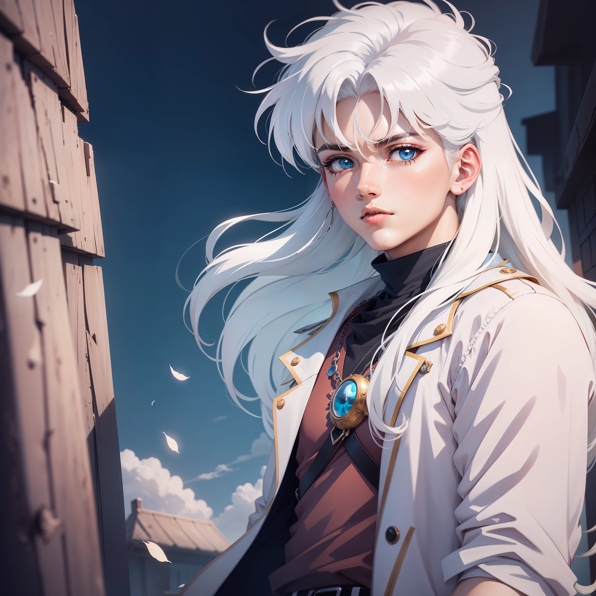 Estilo anime, retro anime, 1990s anime, realistic, 4k, HD, white hair, boy, long hair, blue eyes