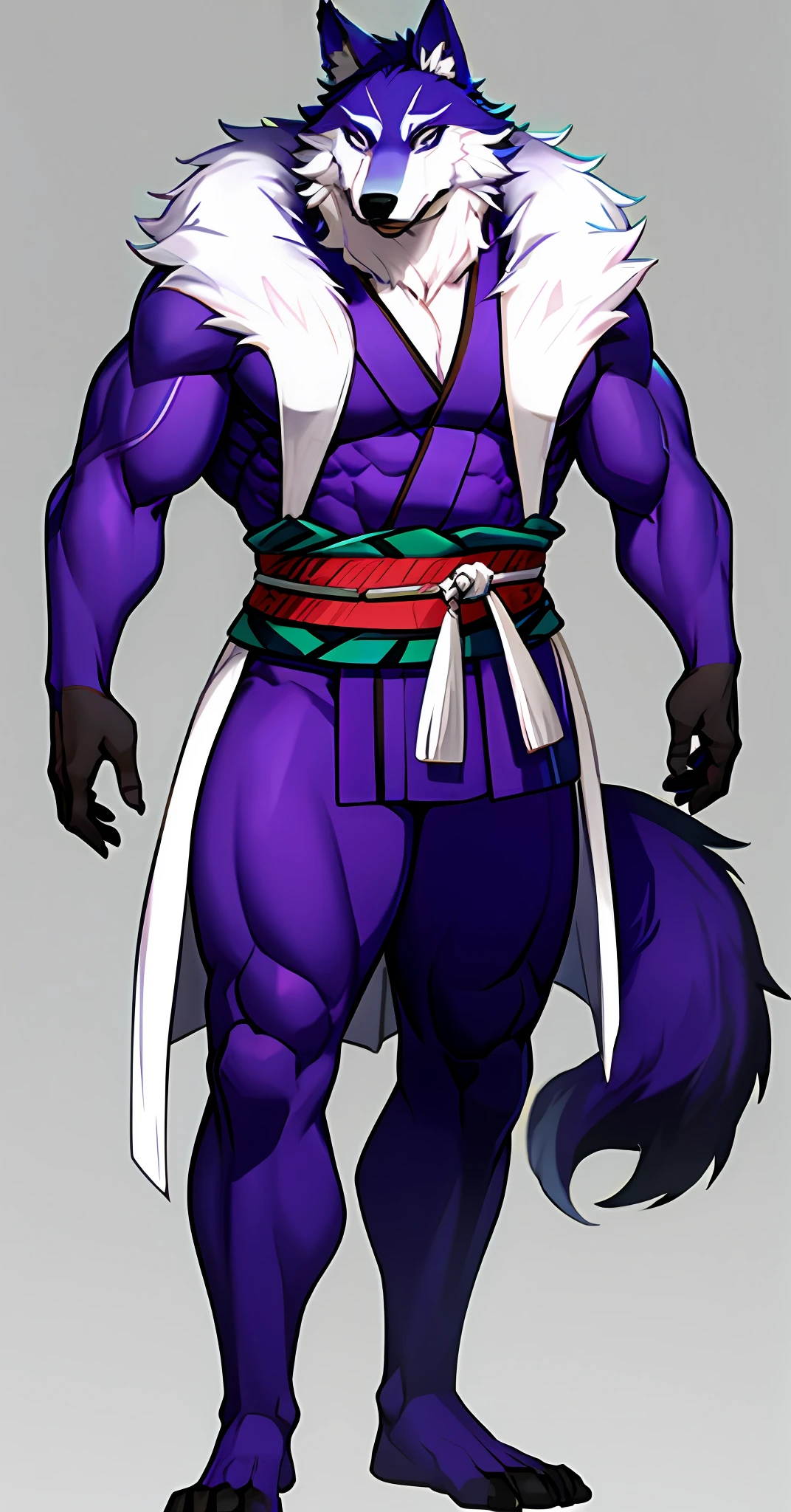 anthropomorphic wolf male,Furry art,Bluish purple hair,Magnificent,Stout body,Middle-aged human wolf,Wear a loose-fitting closed-chest kimono