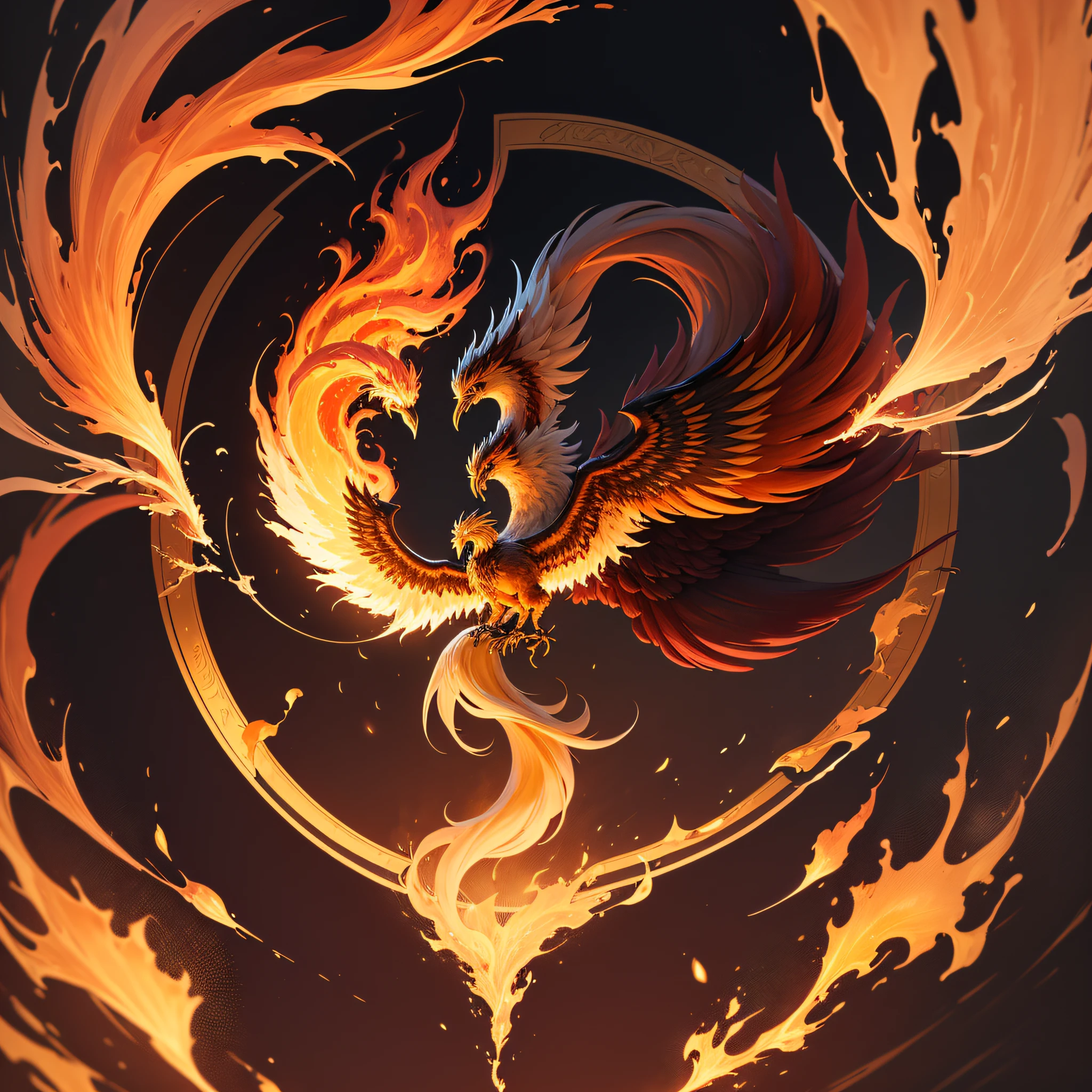 a golden emblem with a burning phoenix, brilhante, majestoso, All the focus on the flaming details of the Phoenix, atmosfera deslumbrante com uma paleta de cores dourada e vermelha rica, luzes intensas, effects of fire splashes and smoke. --auto