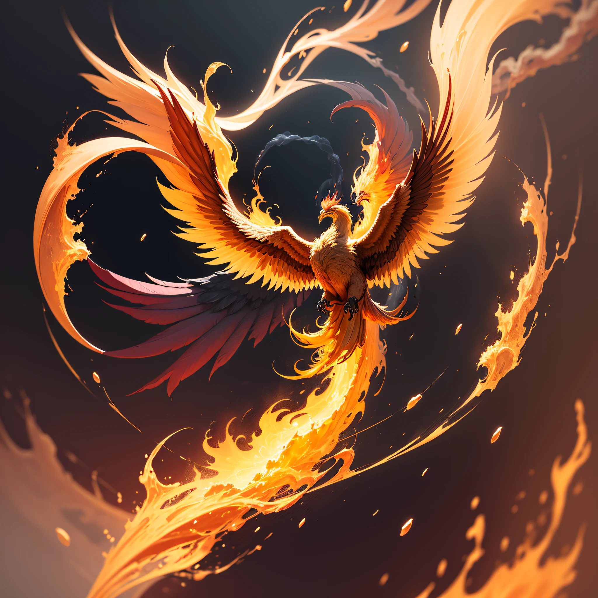 a golden emblem with a burning phoenix, brilhante, majestoso, All the focus on the flaming details of the Phoenix, atmosfera deslumbrante com uma paleta de cores dourada e vermelha rica, luzes intensas, effects of fire splashes and smoke. --auto