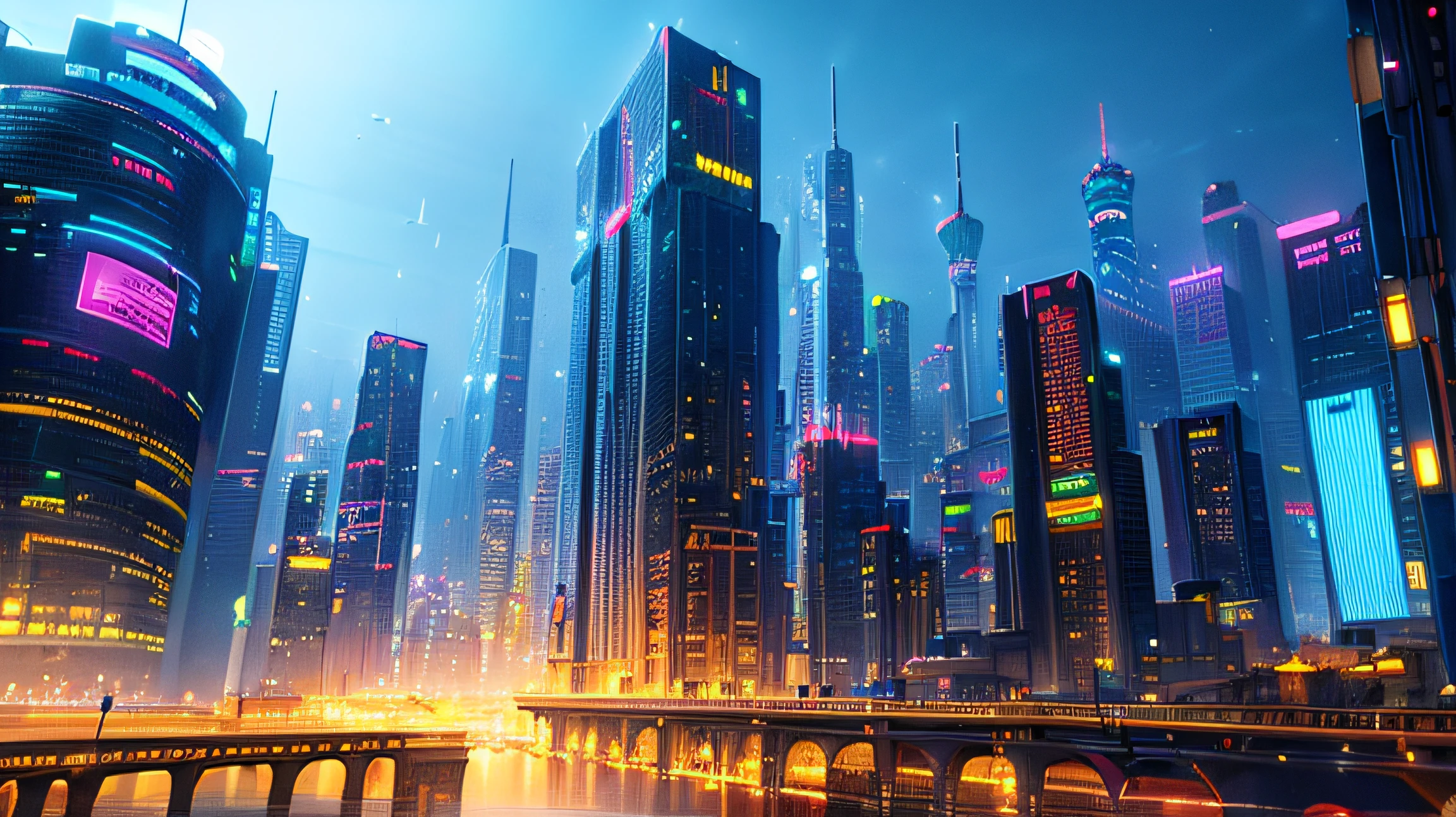 futuristic city, night city, futuristic skyscrapers, cyborg people, neon signs, hyperrealism, ray tracing, high details, UHD --auto