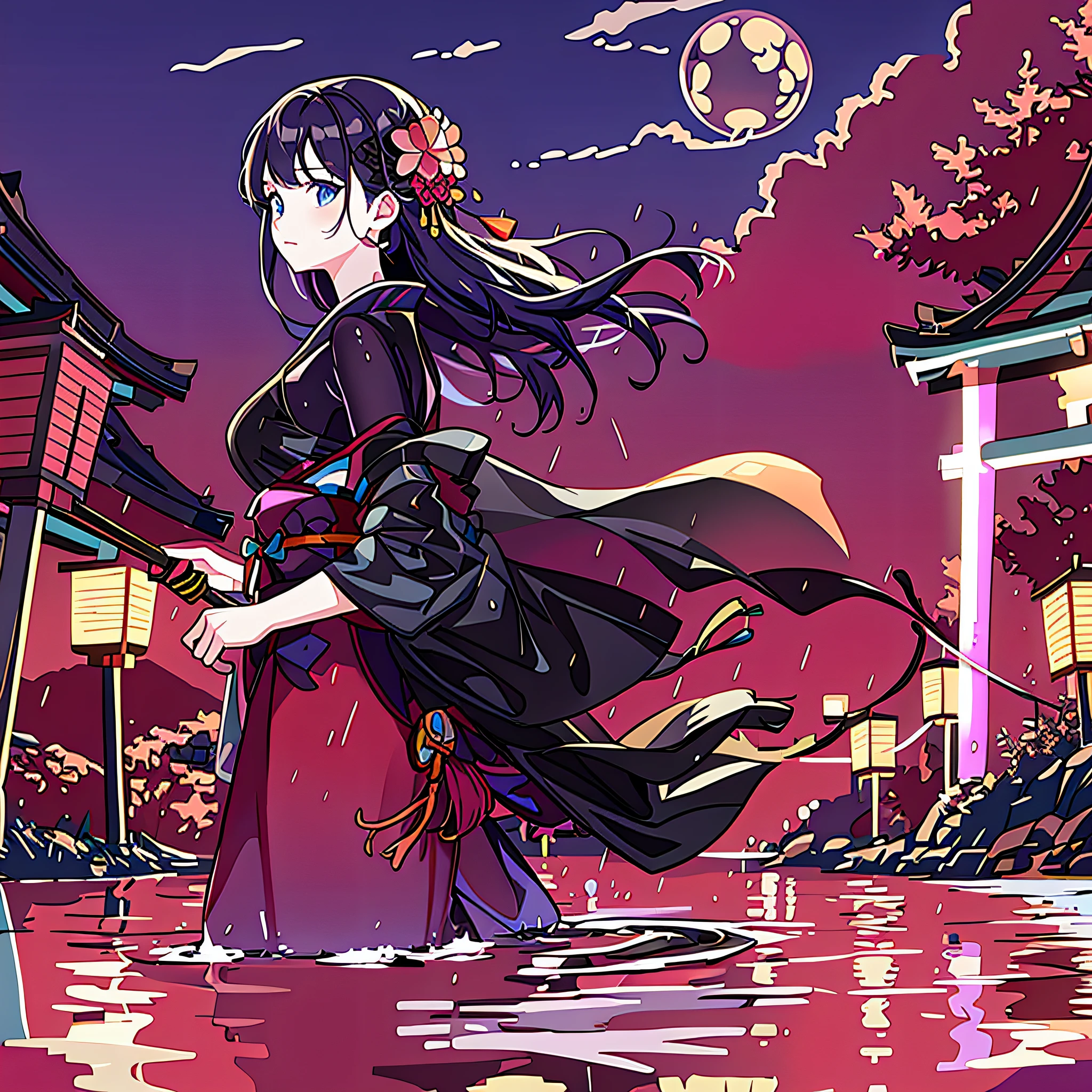 anime girl in a kimono dress holding a sword in the water, style of anime4 K, --auto