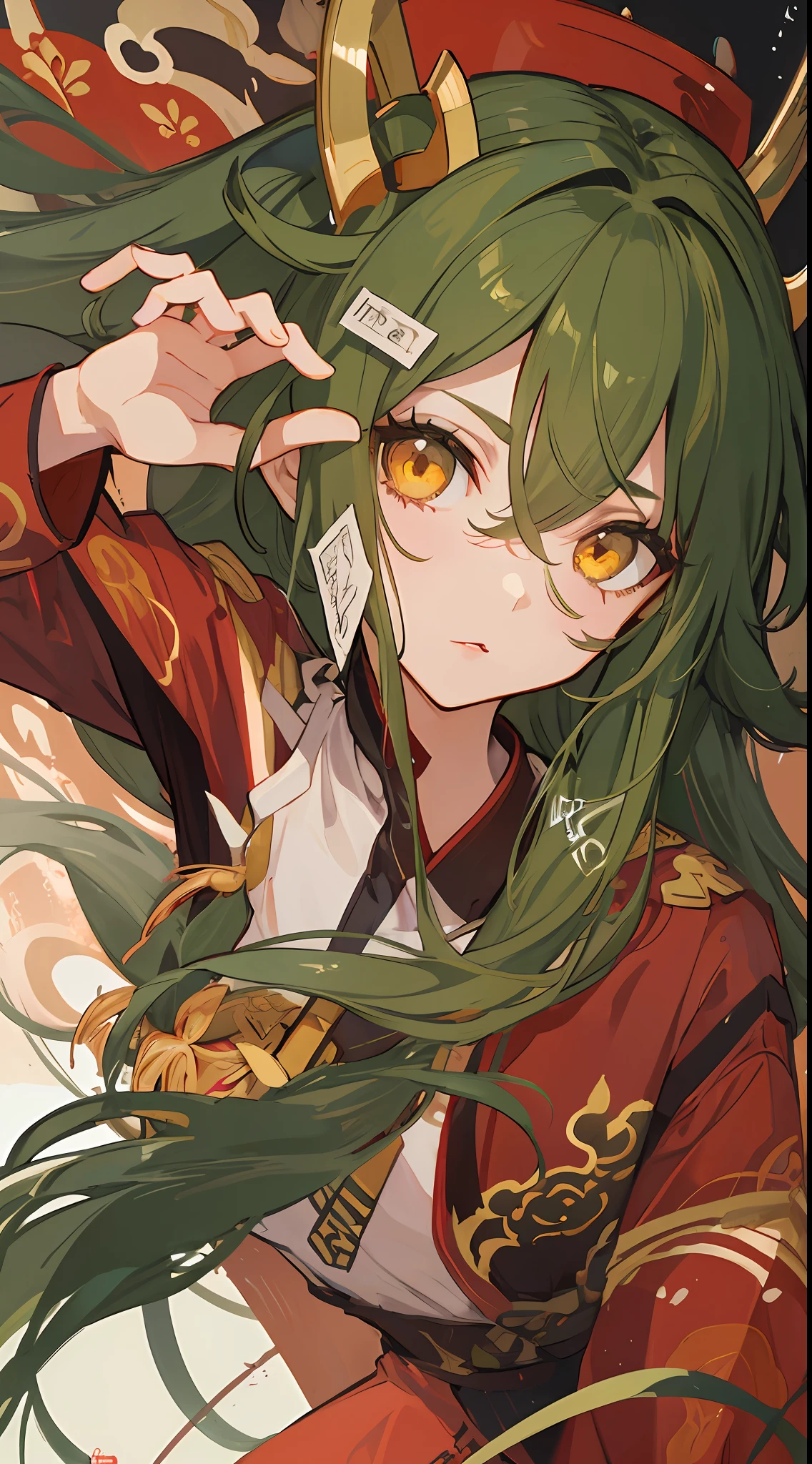 shoun，Green hair，Golden eyes，Traditional chinese painting，There is red at the end of the eyes，