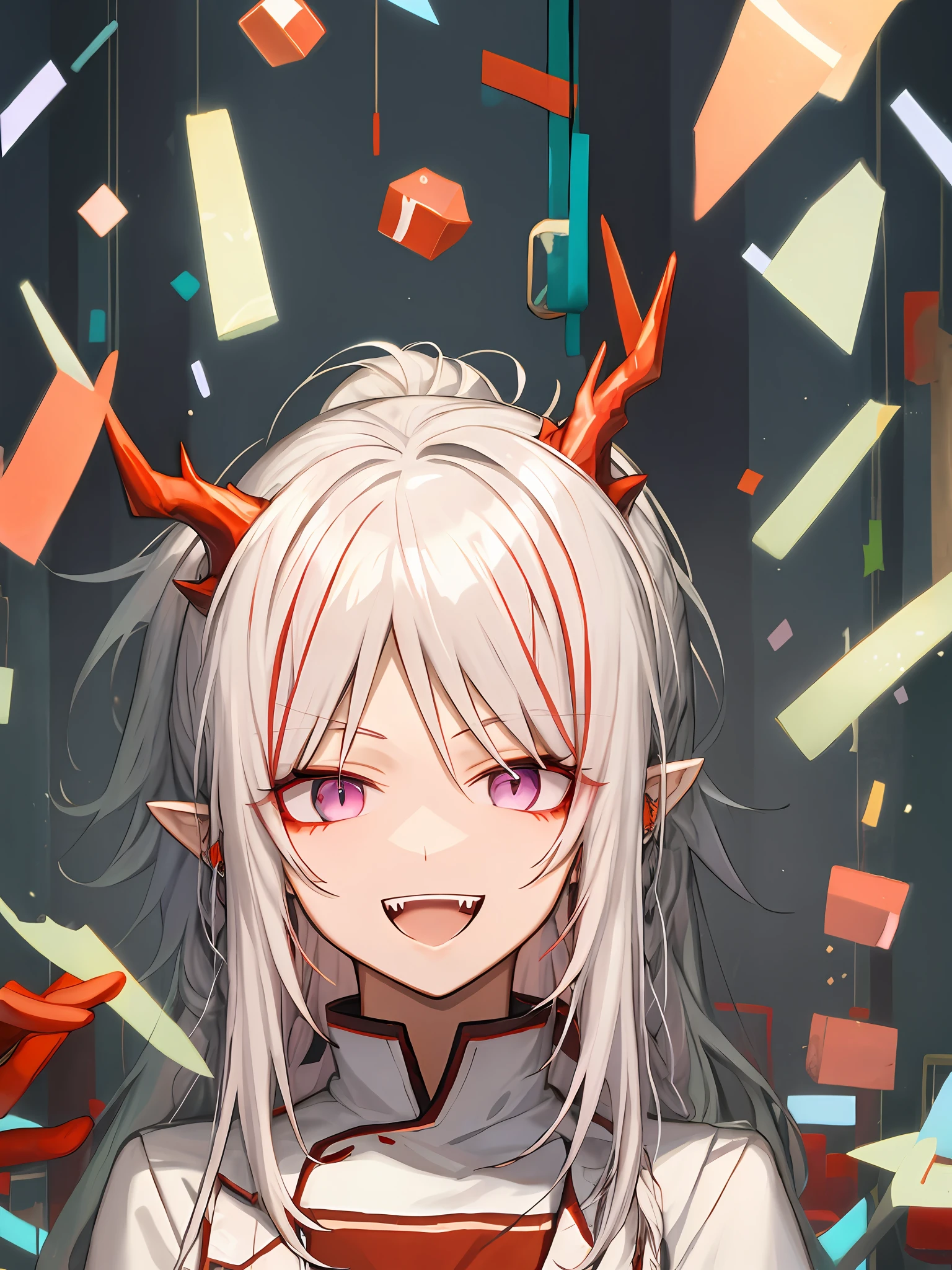 White hair, red eyes, anime boy fangs