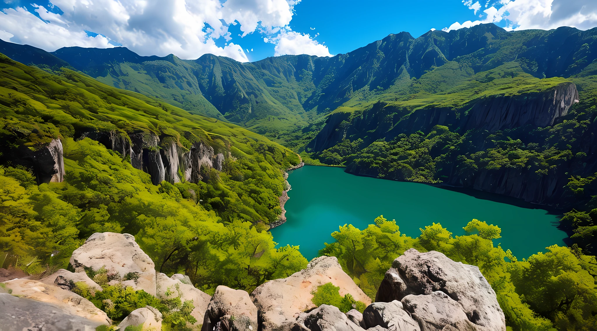 Masterpiece, ultimate quality, Cg unity 8k wallpaper, super delicate, beautiful sky and clouds, rich natural scenery, cliffs, lakes and rivers, waterfalls and flying water, beautiful green mountains, no trace of people, excellent scenery, has already won a photo contest, background Blurring, full depth of field, HDR high dynamics, true restoration, intricate, extreme details, dramatic presentation, perfectly presenting the style of midjourney art.