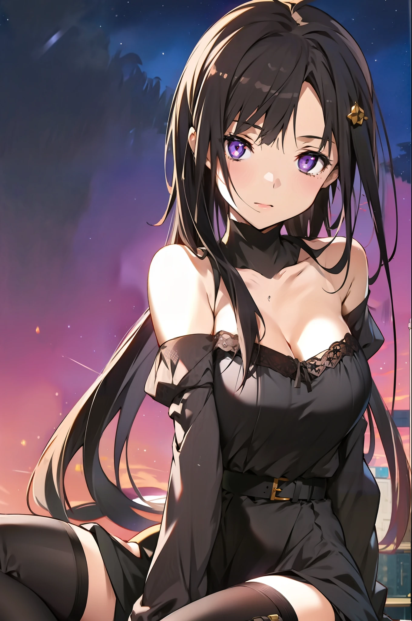 Kiriko, 1girll, Solo, Long hair, Large breasts, view the viewer, bangs, Purple eyes, Beautiful background, (Night sky, stars), Black hair, Large Thigh, mitts, dress, cleavage, Bare shoulders, Very long hair, Black gloves, Black dress, armor, white thighhighs, garterbelt, Sitting,  Black armor, arms  behind  back,