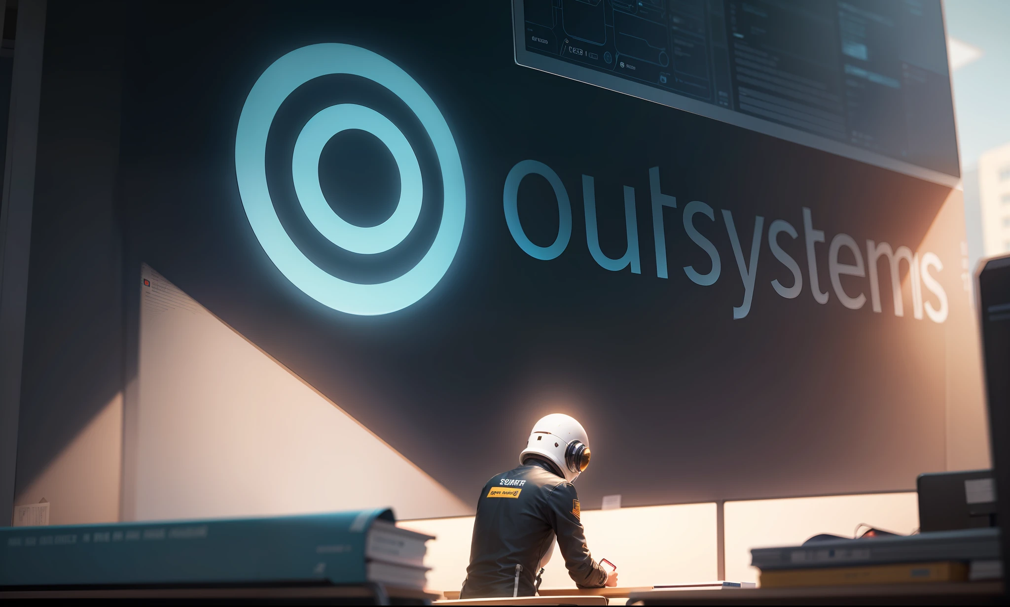 [business advertising editorial art], [space traveler gets into the office] [office wall advertising] [the logo and the word outsystems are not to be changed, they are to be kept] [big ai data center] --auto