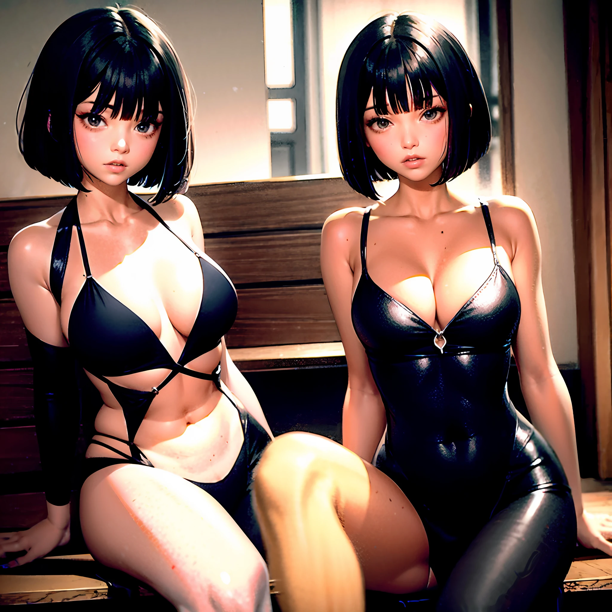 femele,standingn,nakeness,bob-cut hair,full bodyesbian