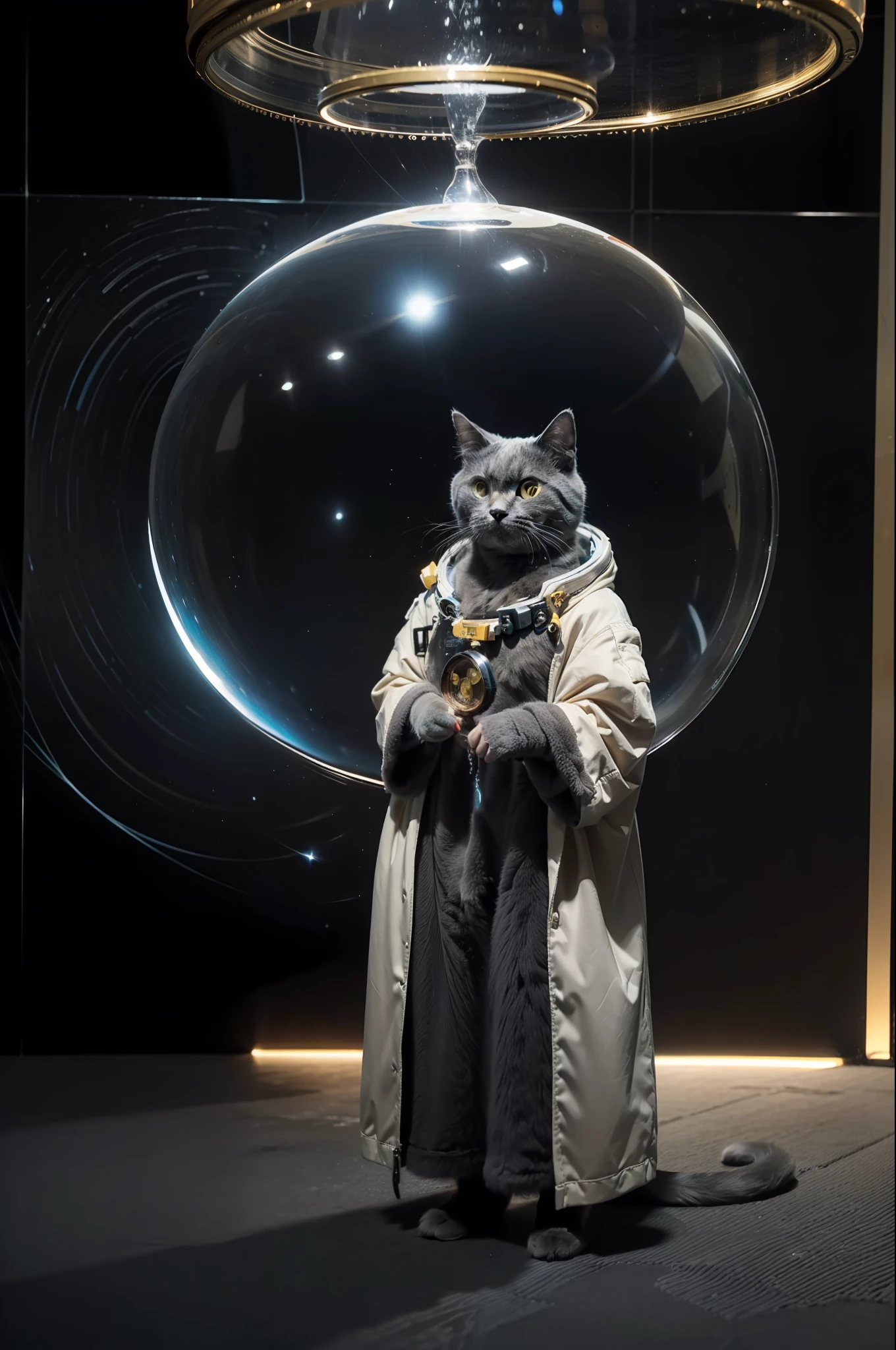 ((masterpiece), (best quality), ultra high res, (raw photo:1.2), (photorealistic:1.4), Exceptional detail, dramatic lighting, highres,   8k, absurdres,  1cat, (Chartreux:1.2),  Chartreux, paw, space, universe, earth,  (magical robe), marvel, time travel, magical circle, summon, summon circle,  space and time distortion, universe inside a metal hour glass, hour glass, marvel cinematic universe, a cat in a space suit standing on a street, computer graphics by Chris LaBrooy, cgsociety, space art, unreal engine 5, reimagined by industrial light and magic, unreal engine,