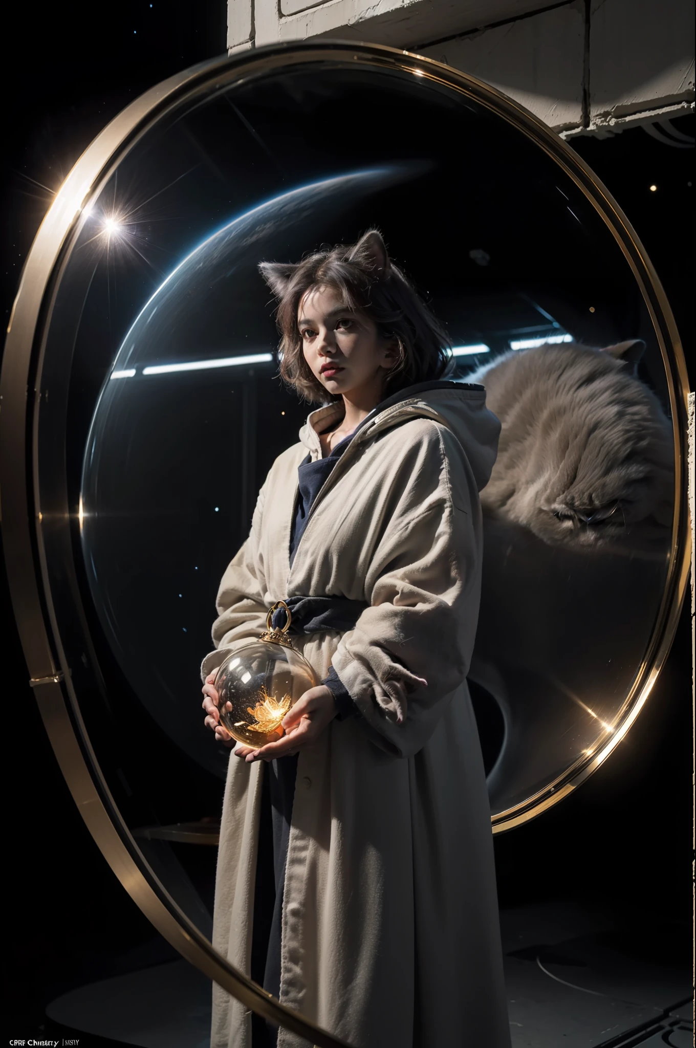 ((masterpiece), (best quality), ultra high res, (raw photo:1.2), (photorealistic:1.4), Exceptional detail, dramatic lighting, highres,   8k, absurdres,  1cat, (Chartreux:1.2),  Chartreux, paw, space, universe, earth,  (magical robe), marvel, time travel, magical circle, summon, summon circle,  space and time distortion, universe inside a metal hour glass, hour glass, marvel cinematic universe, a cat in a space suit standing on a street, computer graphics by Chris LaBrooy, cgsociety, space art, unreal engine 5, reimagined by industrial light and magic, unreal engine,