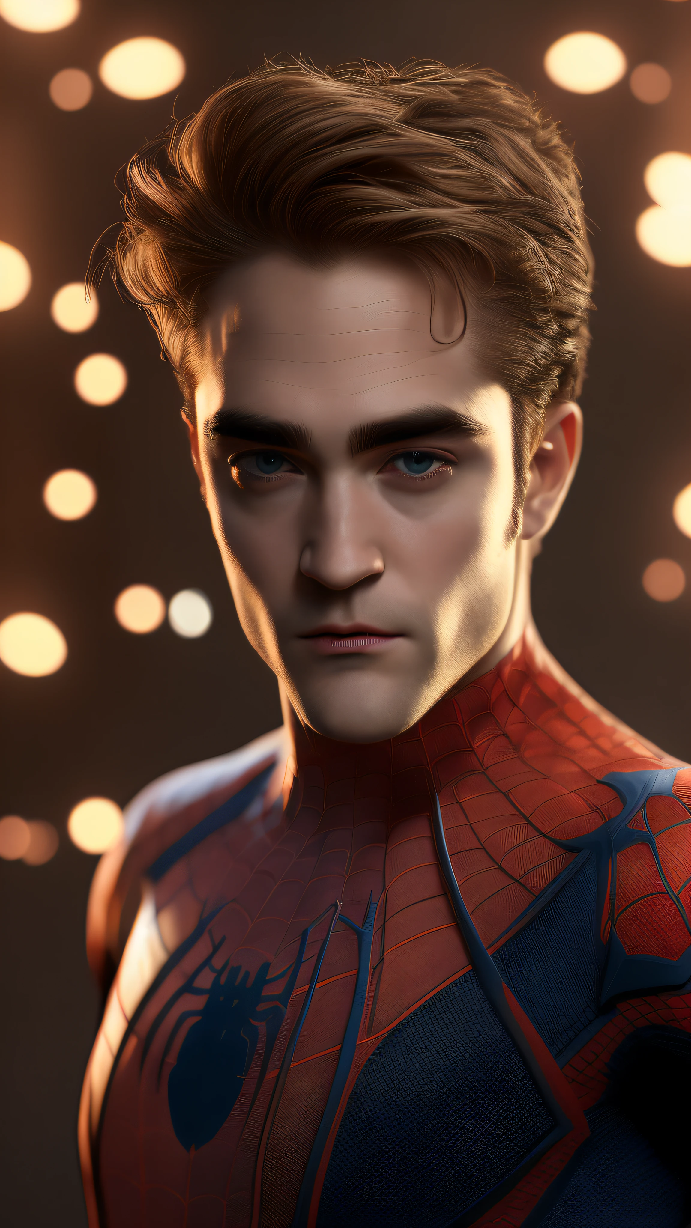 Tarantino style Robert Pattinson as Spider-Man 8k, high definition, detailed face, detailed face, detailed eyes, detailed suit, Marvel and DC style, hyper-realistic, + cinematic plan + dynamic composition, incredibly detailed, sharpness, detail + superb detail + night with light + perfectionism + award-winning realism ((soft lighting))