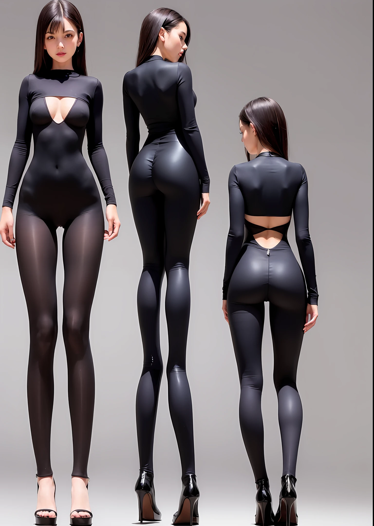 Photo of woman in black tights, front and back, skintight black bodysuit, wearing a black bodysuit, Black bodysuit, thin bodysuit, tightsuit, front and back view, elegant sleek smooth body, skintight black clothes, front and side views, top and side view, tight attire, Open V chest clothes
