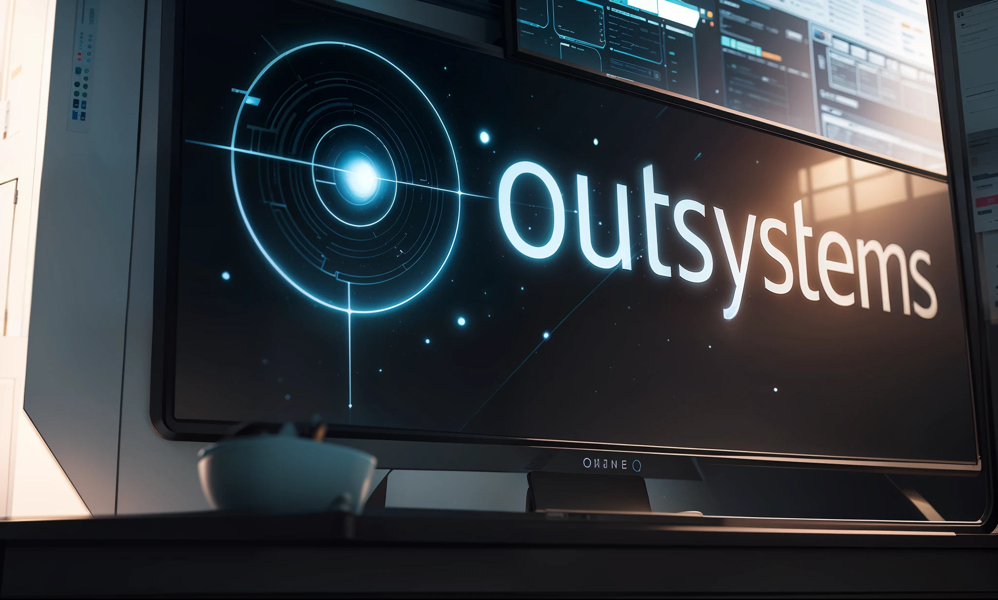 [business advertising editorial art], [space traveler gets into the office] [office wall advertising] [the logo and the word outsystems are not to be changed, they are to be kept] [big ai data center] --auto