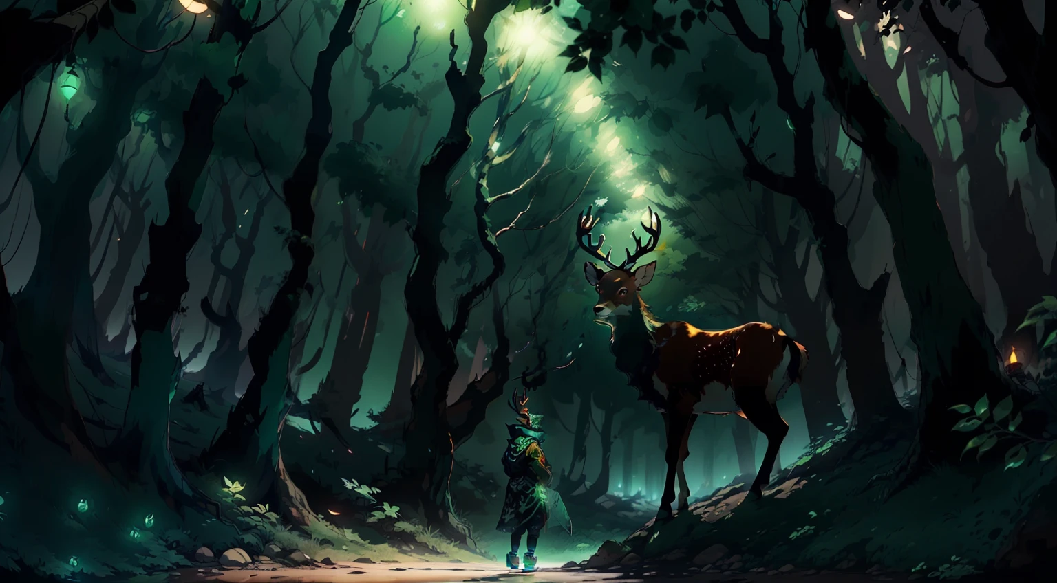((best qualtiy)), ((tmasterpiece)), (the detail),(( Anthropomorphic illustration))，Deer are as big as girls，There was a deer next to the girl，A girl and an elk stand in the forest，The girl and the elk's head rested，warmth，deers，The antlers are large，abyssal，Fluorescent forest，green color，cold shades，aquarelle，with light glowing，Metallic glass，Neon lights，Low saturation，Estilo de Makoto Shinkai，style of anime，C4D --auto